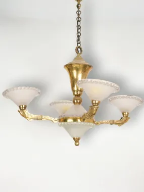1940s French Bronze Chandelier w/ Pressed Glass Coupes