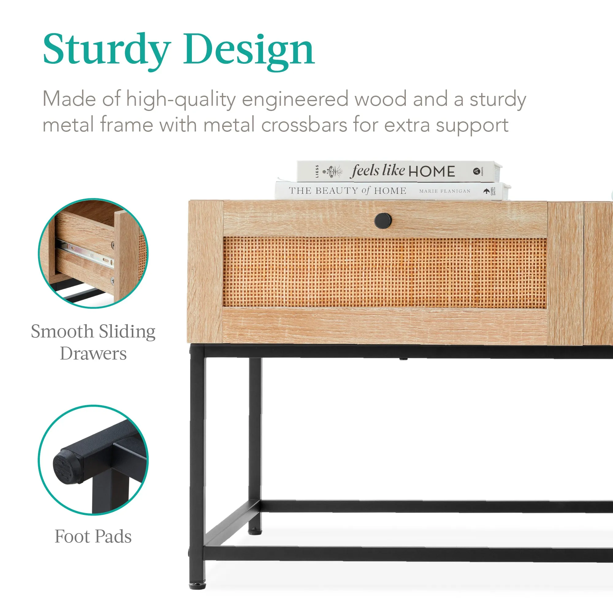 2-Drawer Rattan Coffee Table w/ Oak Wood Grain Finish, Metal Frame - 39in