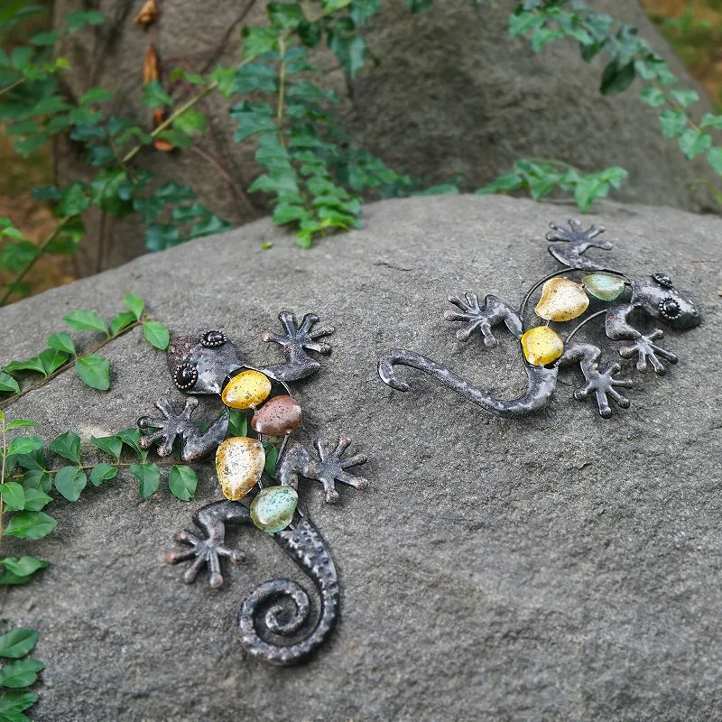 2Pcs Small Metal Gecko Wall Artwork For Home And Garden Decoration Outdoor Statues Accessories Sculp