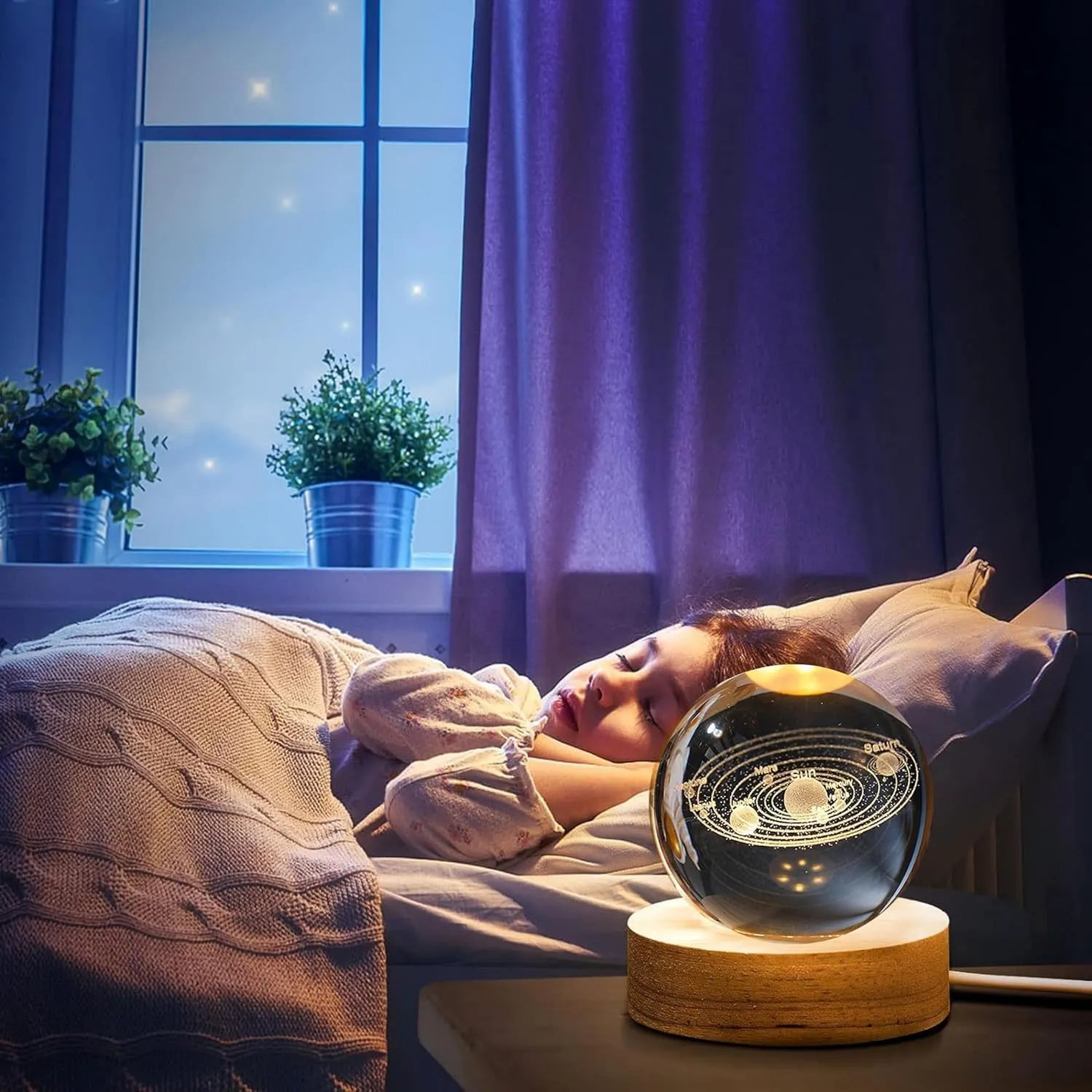 3D Moon Crystal Night Lamp with Warm White Dimmable LED Wooden Base