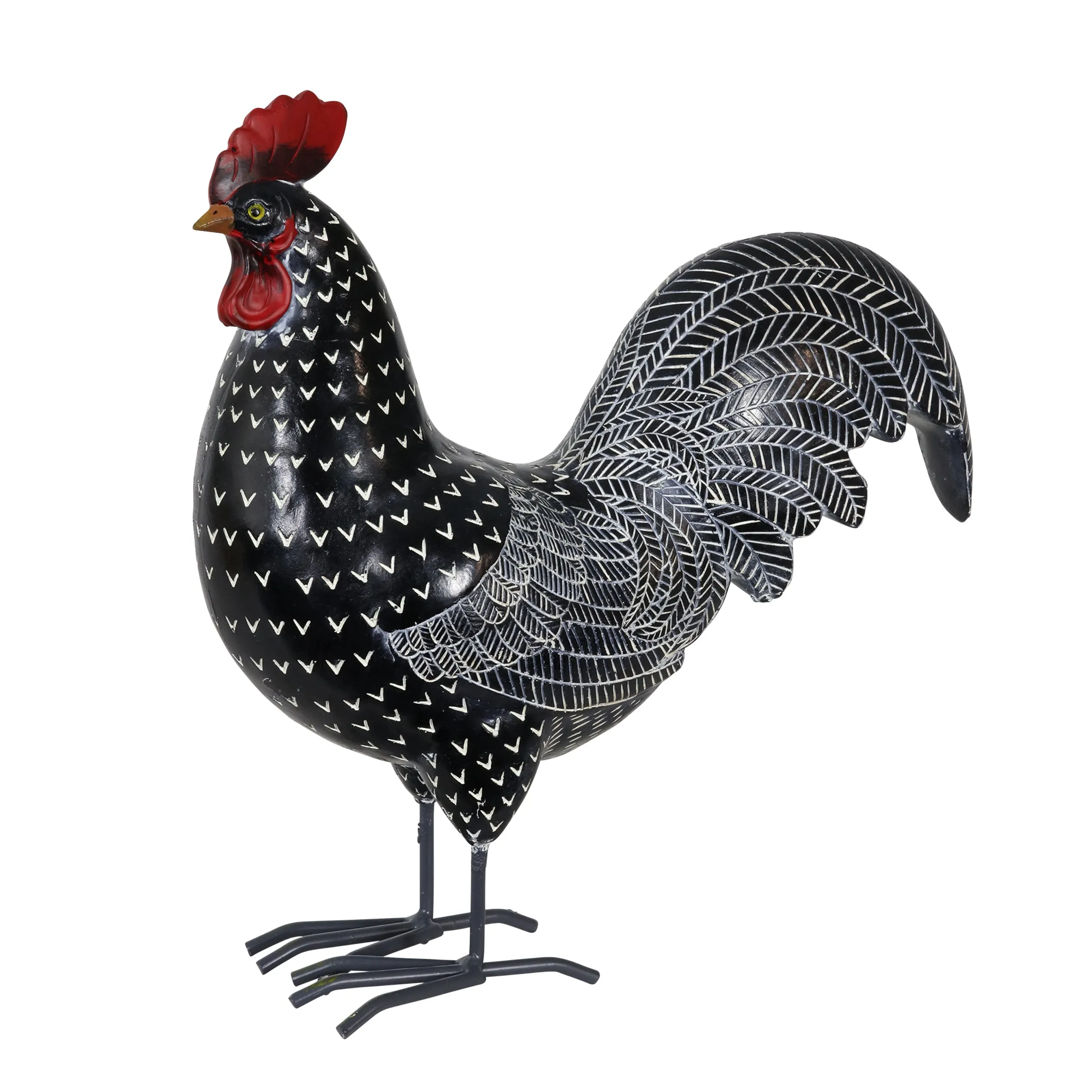 Black and White Polka Dot Pattern Hand Painted Rooster Garden Statue, 12 Inch
