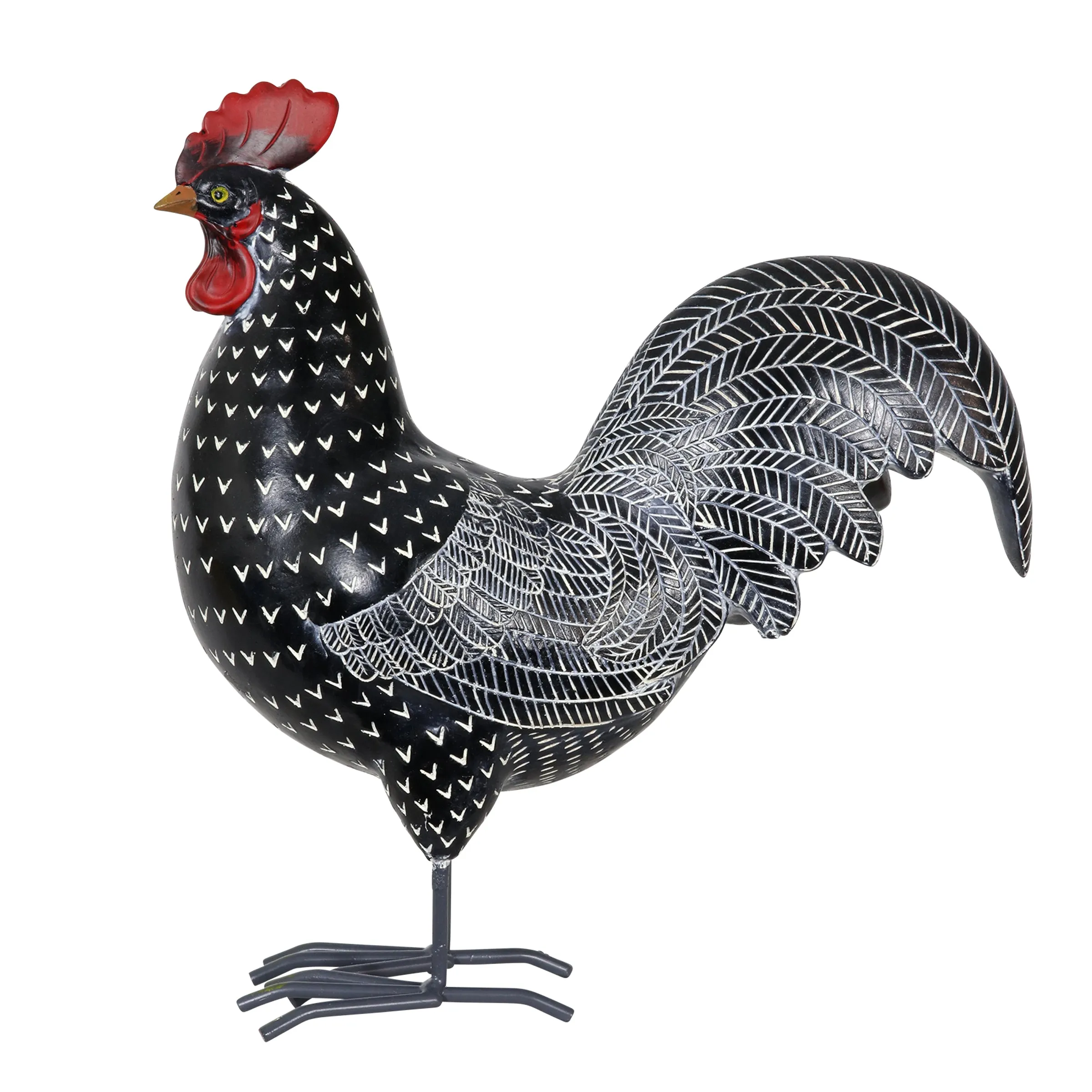 Black and White Polka Dot Pattern Hand Painted Rooster Garden Statue, 12 Inch