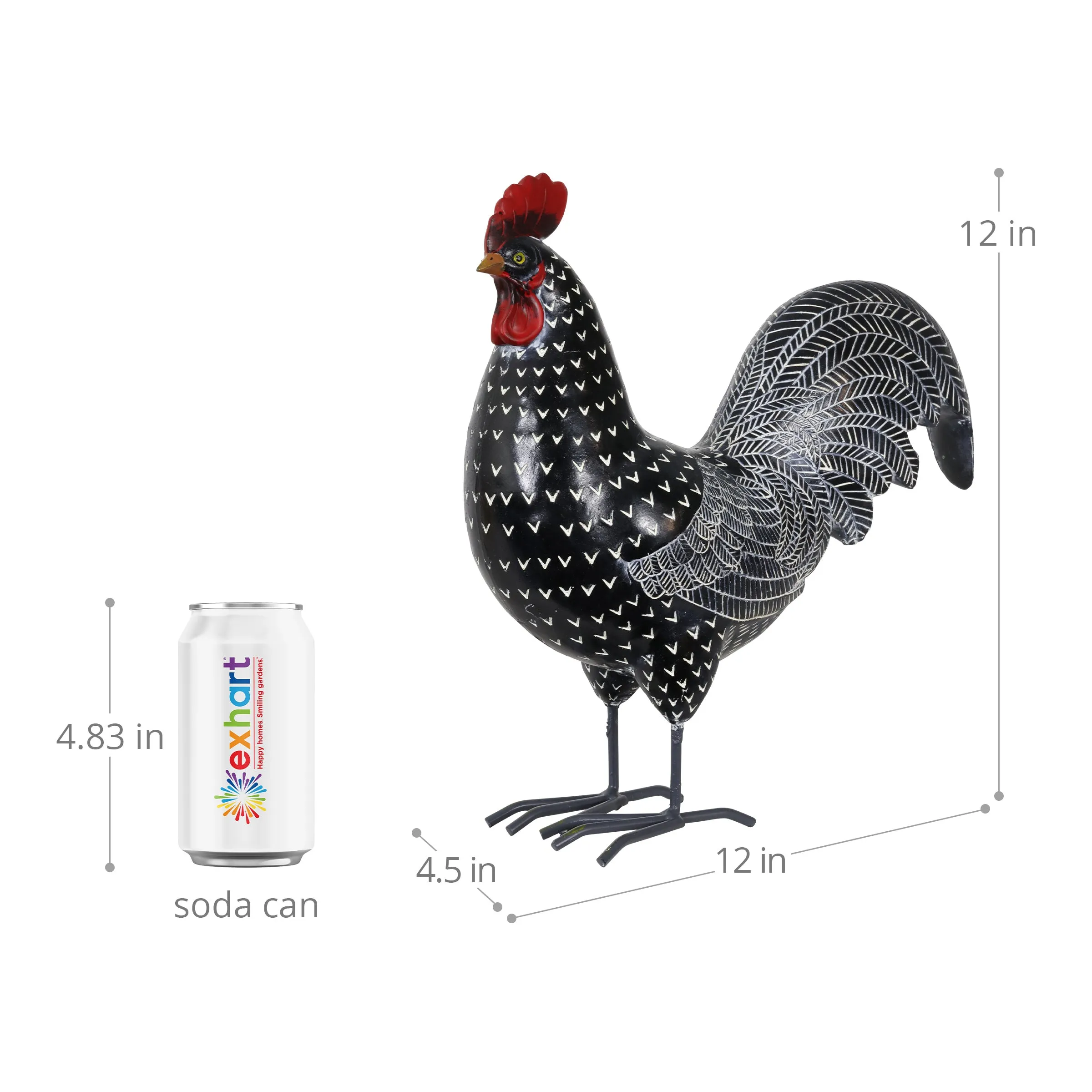 Black and White Polka Dot Pattern Hand Painted Rooster Garden Statue, 12 Inch