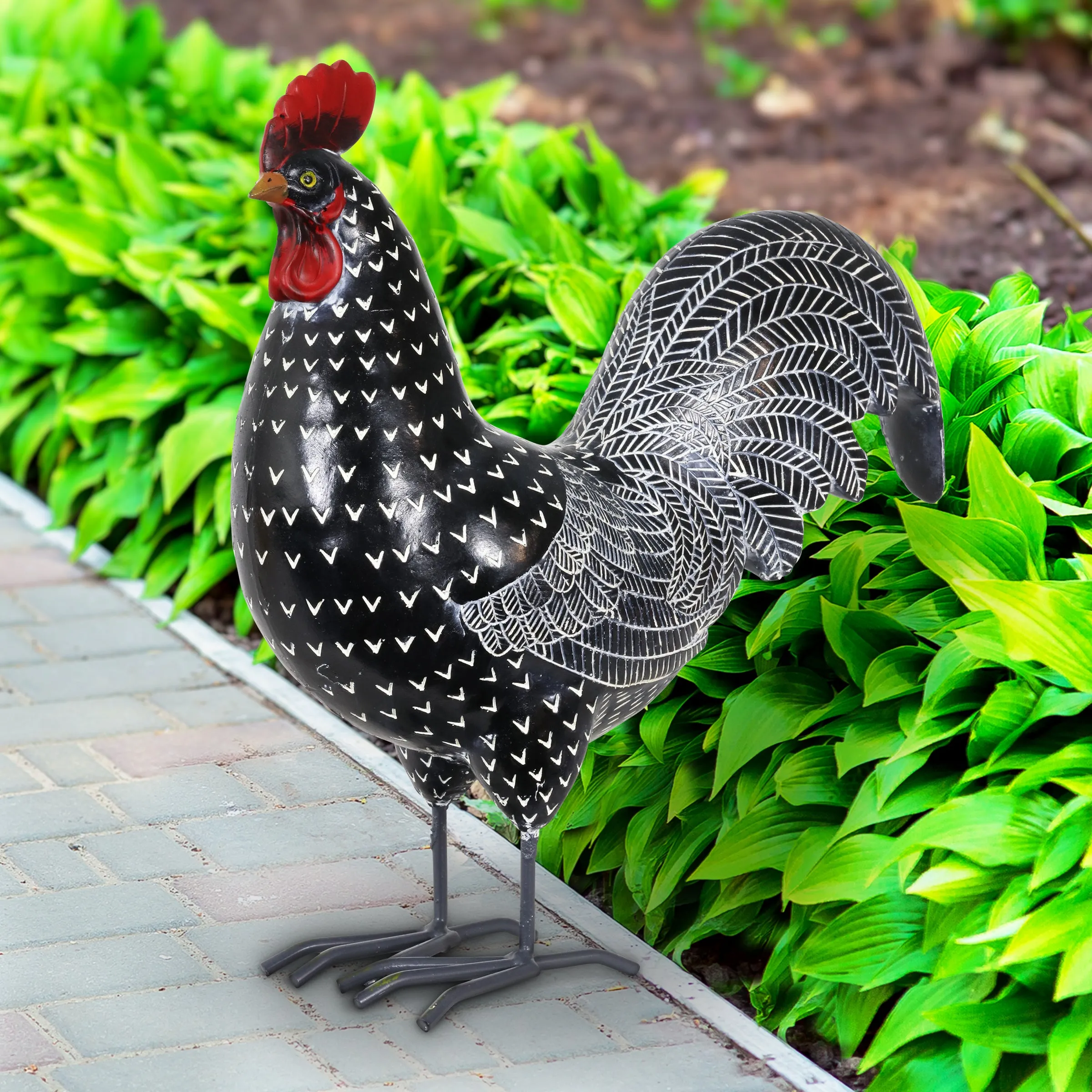 Black and White Polka Dot Pattern Hand Painted Rooster Garden Statue, 12 Inch