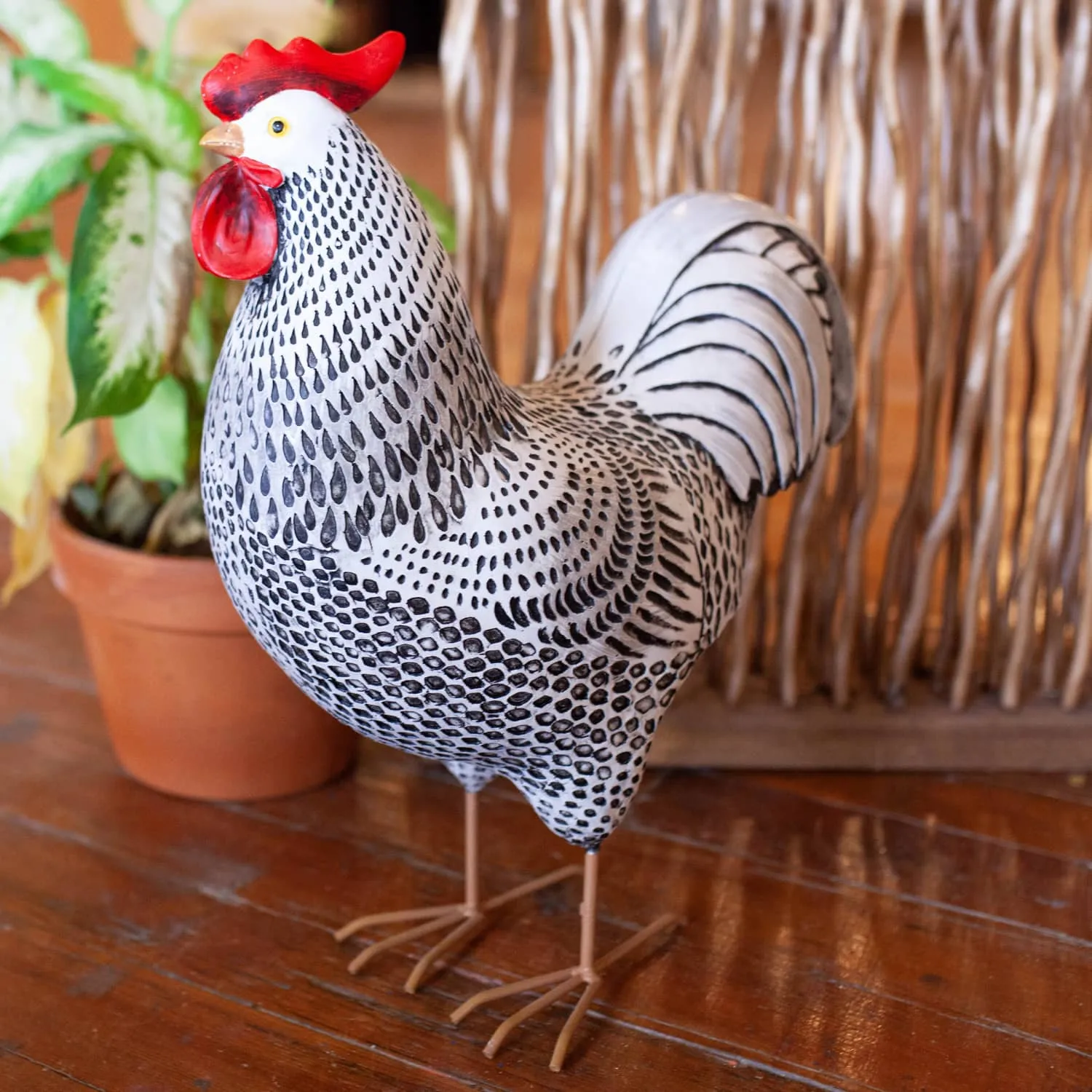 Black and White Rooster Garden Statue, 17 Inch