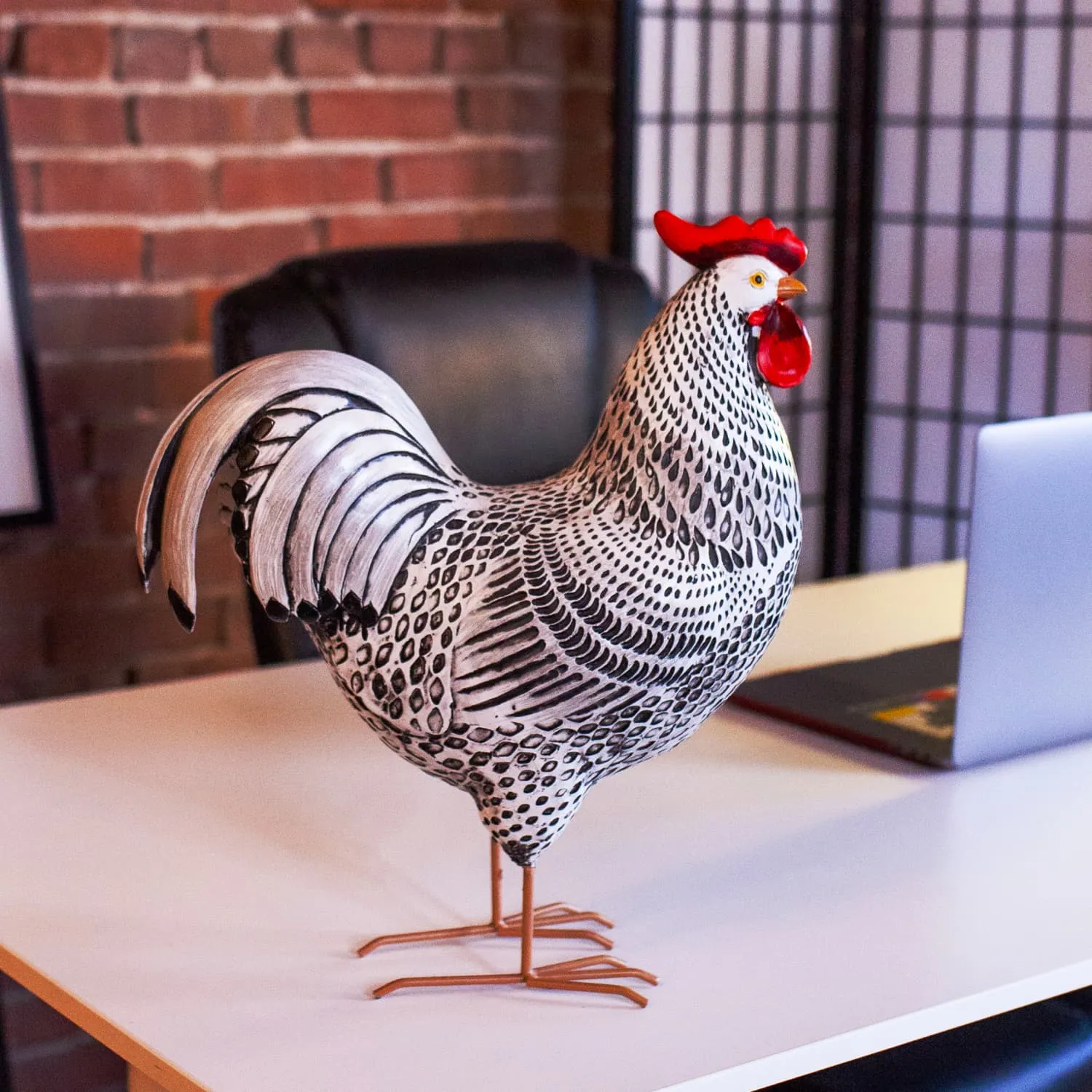 Black and White Rooster Garden Statue, 17 Inch