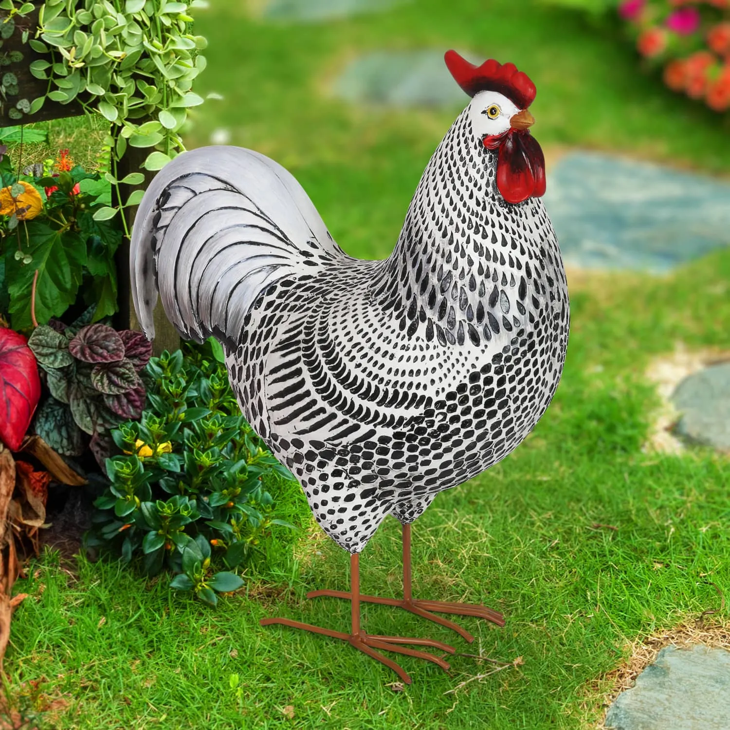 Black and White Rooster Garden Statue, 17 Inch