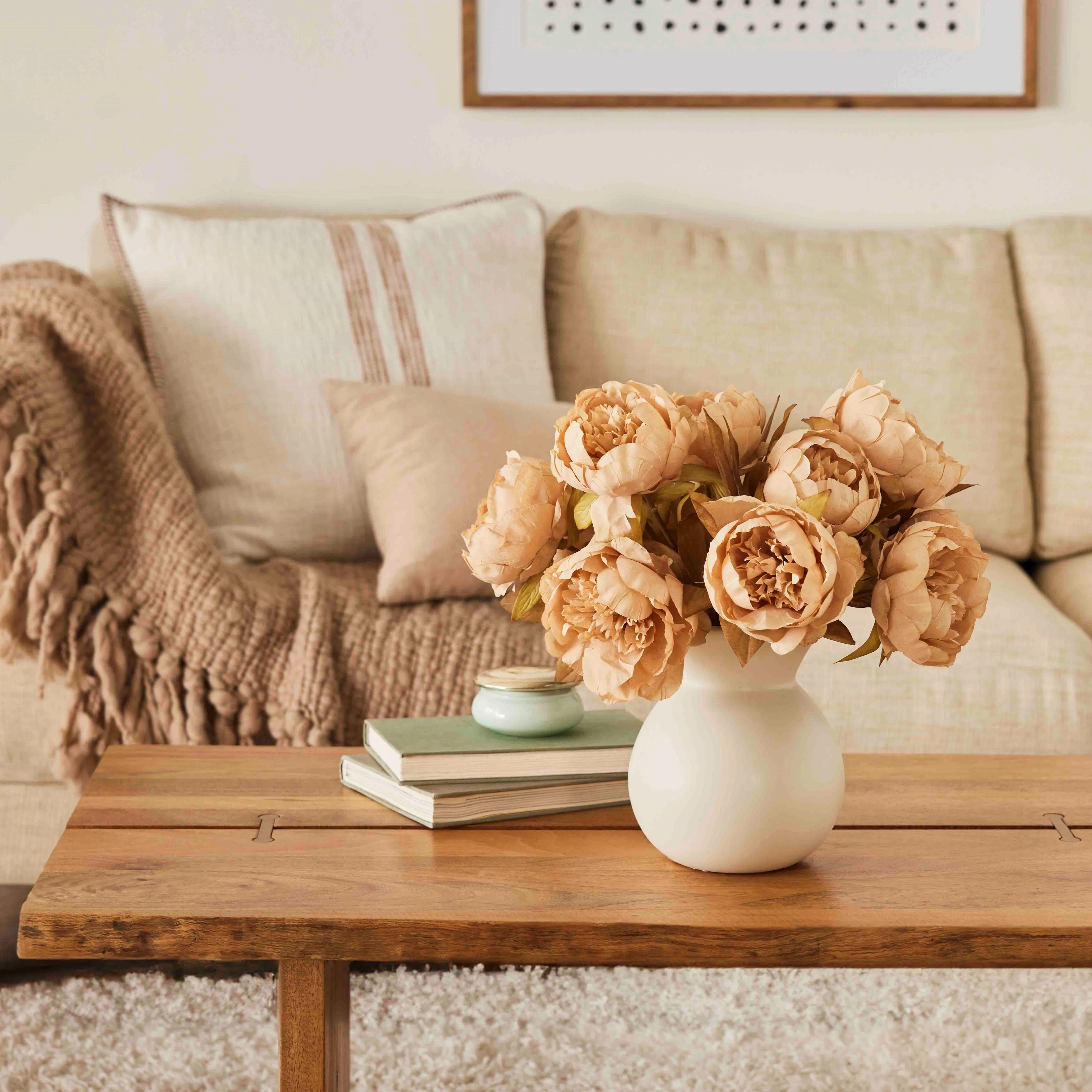 Cafe Au Lait Peonies In Cream Color Rounded Matte Vase Everyday Neutral Floral Centerpiece Arrangement