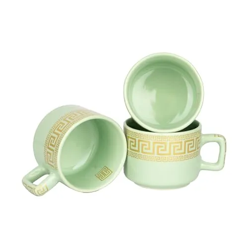 CHEENI MAATI Set of 6 Small Tea Coffee Chai Serving Cups Ceramic Mug Printed Serving Tea/Coffee Cups Set Clay Cup 150 ml Round Shape 150ML Pack of 6 (Multicolor, White, Cup Set) (Green)