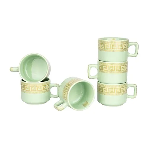 CHEENI MAATI Set of 6 Small Tea Coffee Chai Serving Cups Ceramic Mug Printed Serving Tea/Coffee Cups Set Clay Cup 150 ml Round Shape 150ML Pack of 6 (Multicolor, White, Cup Set) (Green)