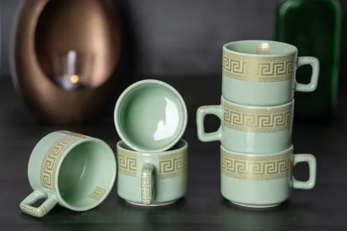 CHEENI MAATI Set of 6 Small Tea Coffee Chai Serving Cups Ceramic Mug Printed Serving Tea/Coffee Cups Set Clay Cup 150 ml Round Shape 150ML Pack of 6 (Multicolor, White, Cup Set) (Green)