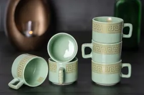 CHEENI MAATI Set of 6 Small Tea Coffee Chai Serving Cups Ceramic Mug Printed Serving Tea/Coffee Cups Set Clay Cup 150 ml Round Shape 150ML Pack of 6 (Multicolor, White, Cup Set) (Green)