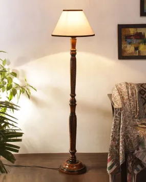Dual Tone Cotton Shade Conical Wooden Floor Lamp | 14 X 56 inches
