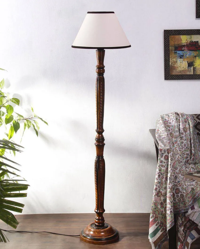 Dual Tone Cotton Shade Conical Wooden Floor Lamp | 14 X 56 inches