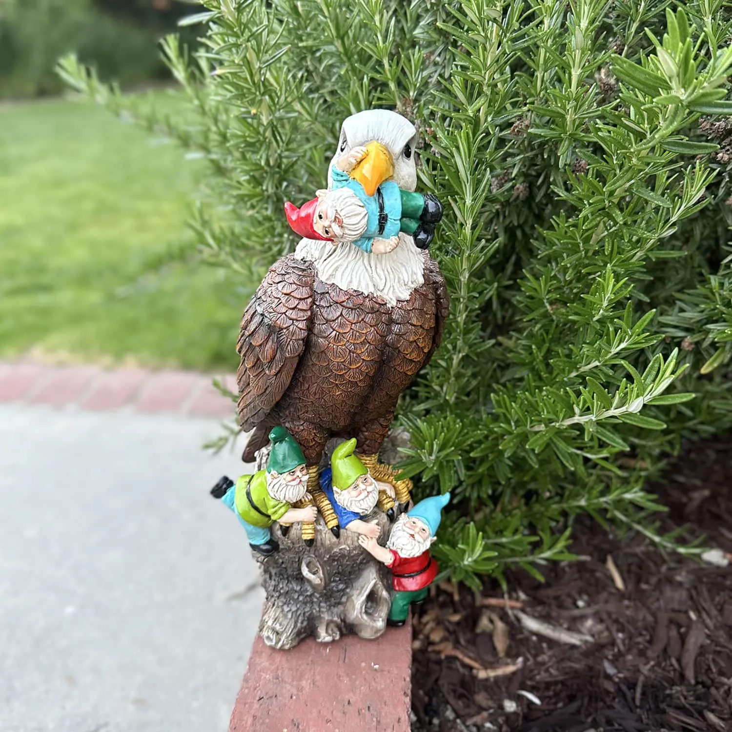 Eagle Garden Statue with Gnomes, Hand Painted, UV-Treated Resin, 5.5 x 12 Inches