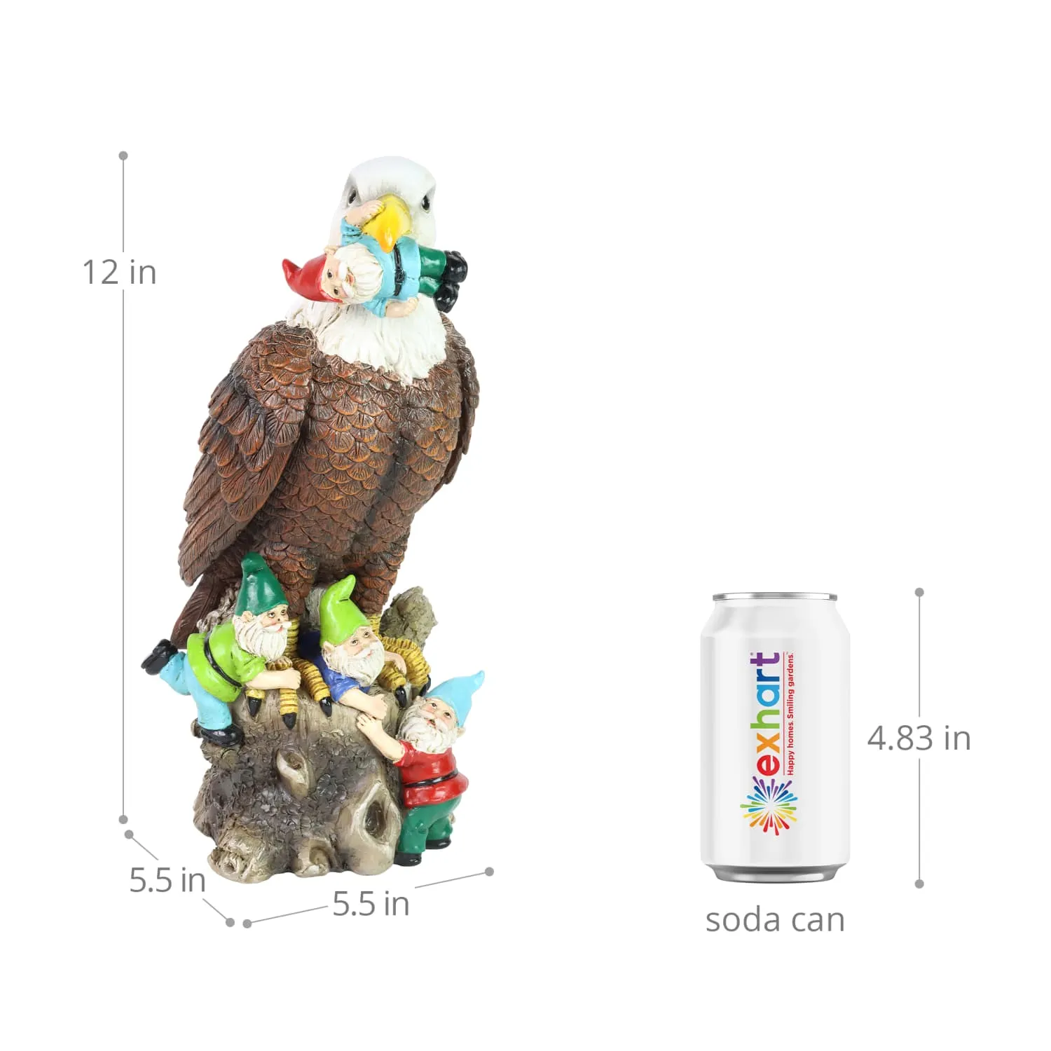 Eagle Garden Statue with Gnomes, Hand Painted, UV-Treated Resin, 5.5 x 12 Inches