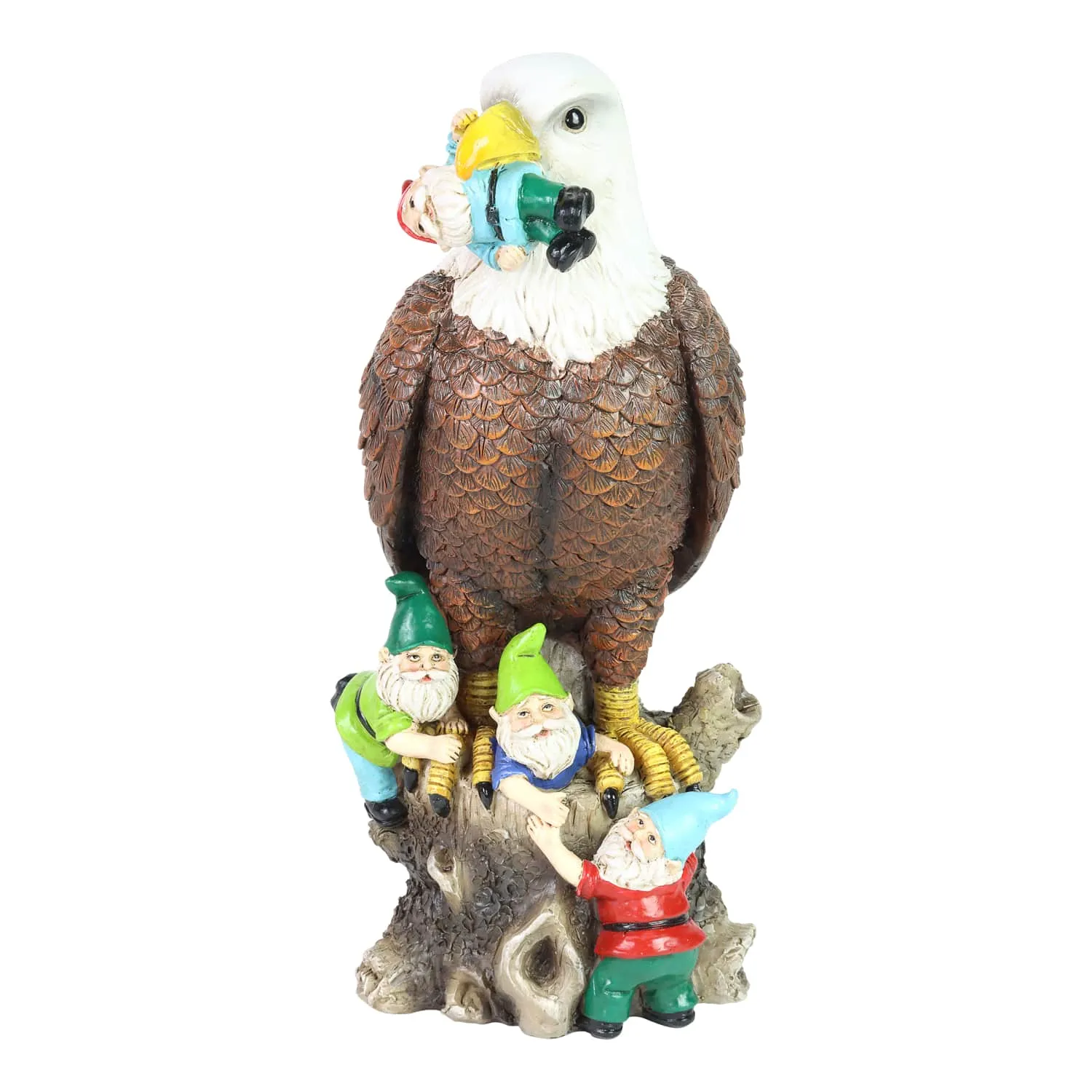 Eagle Garden Statue with Gnomes, Hand Painted, UV-Treated Resin, 5.5 x 12 Inches