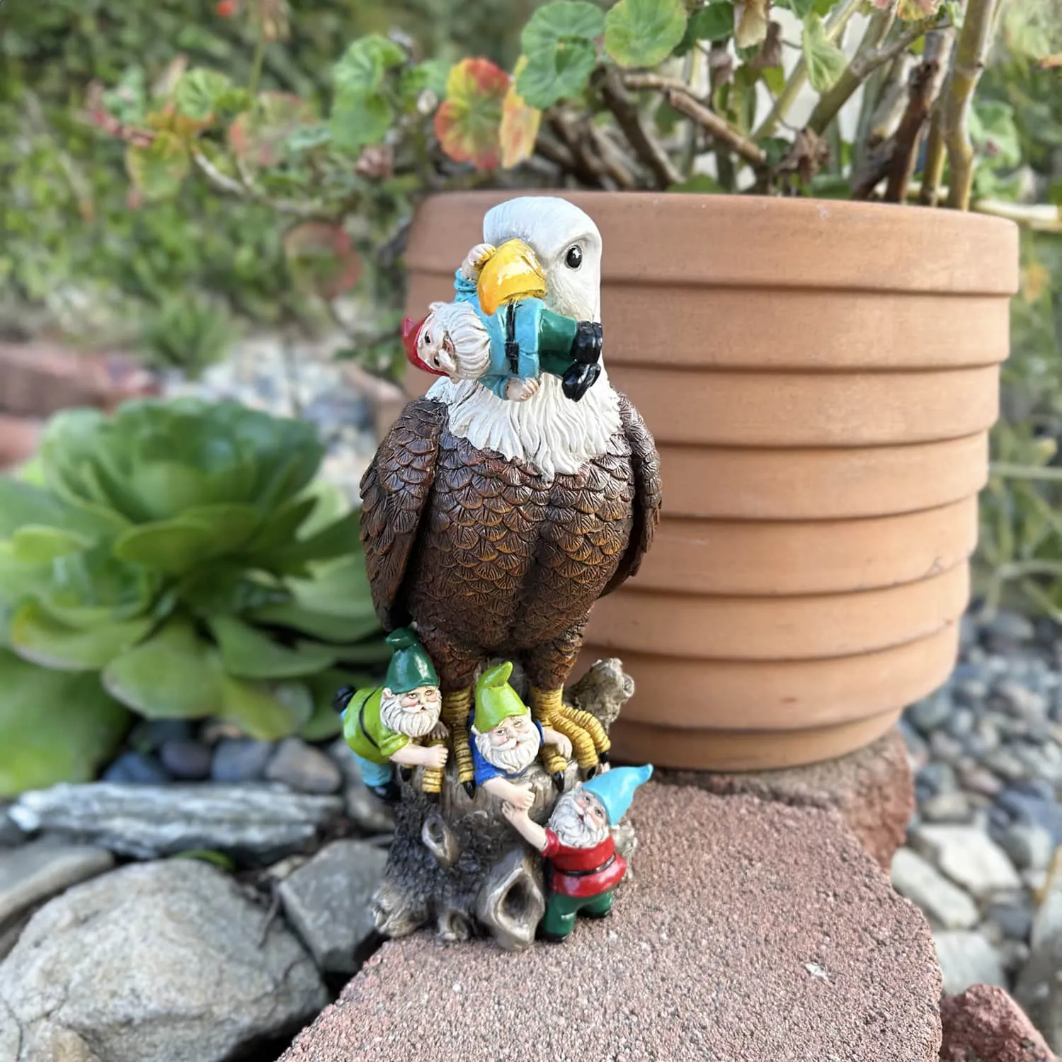 Eagle Garden Statue with Gnomes, Hand Painted, UV-Treated Resin, 5.5 x 12 Inches