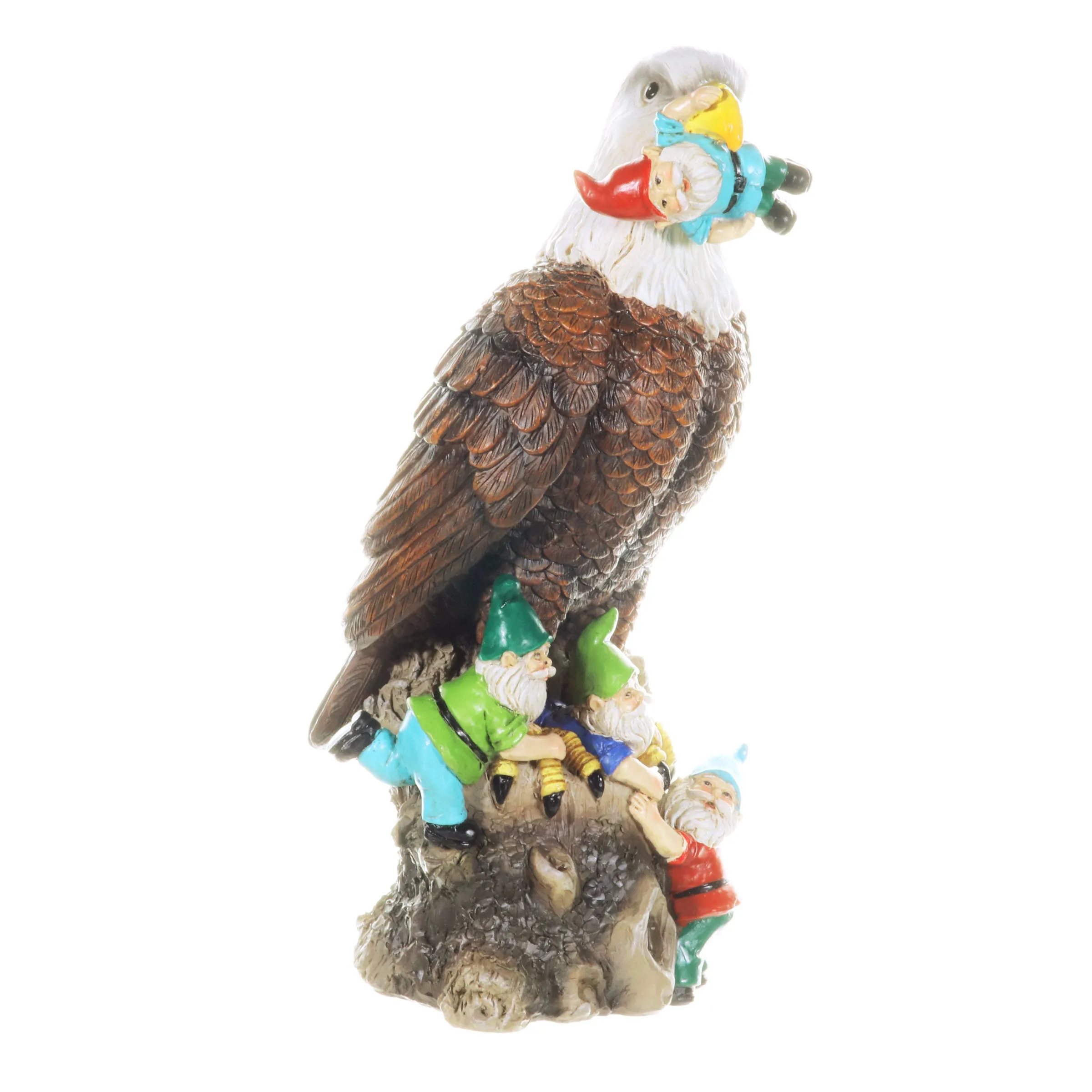 Eagle Garden Statue with Gnomes, Hand Painted, UV-Treated Resin, 5.5 x 12 Inches