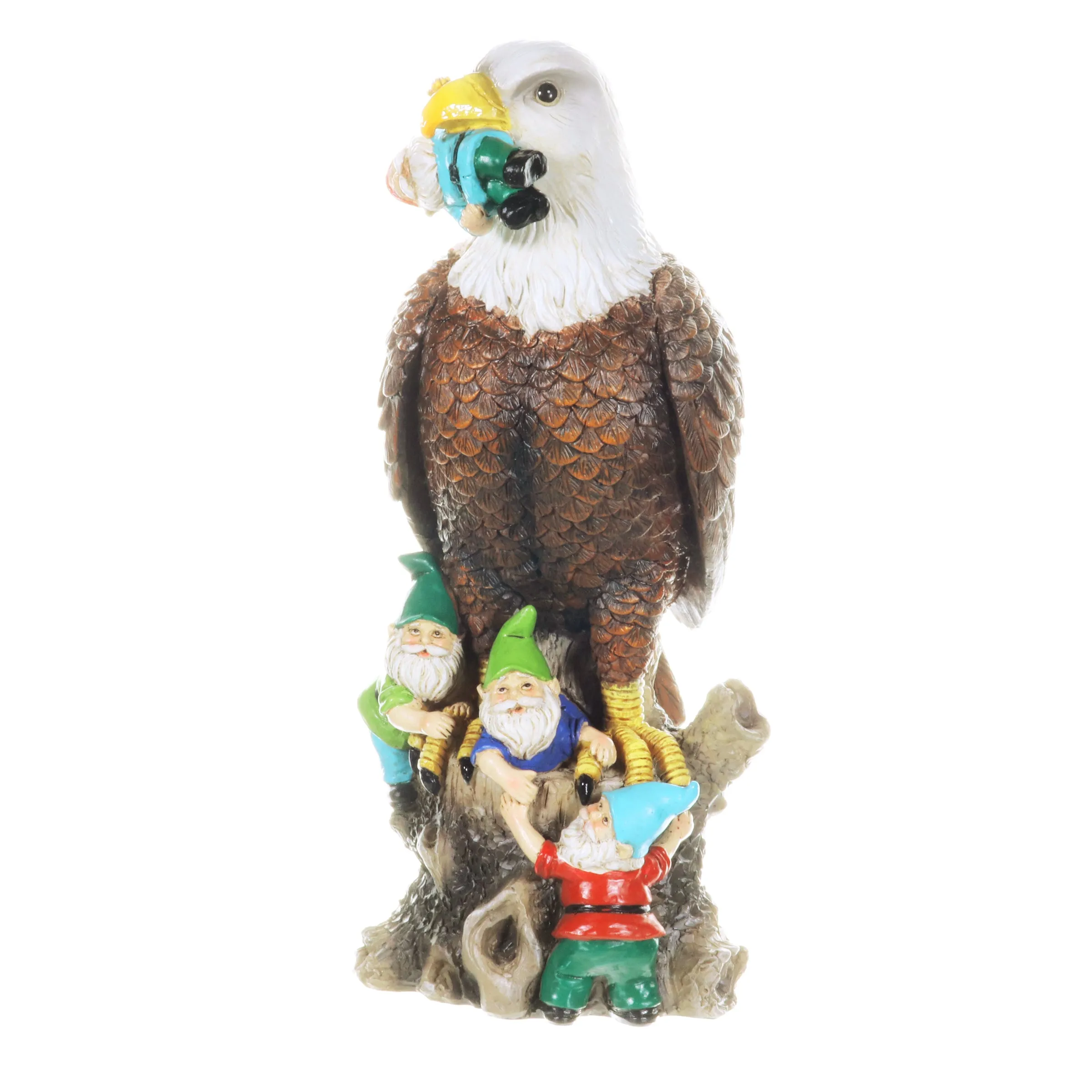 Eagle Garden Statue with Gnomes, Hand Painted, UV-Treated Resin, 5.5 x 12 Inches