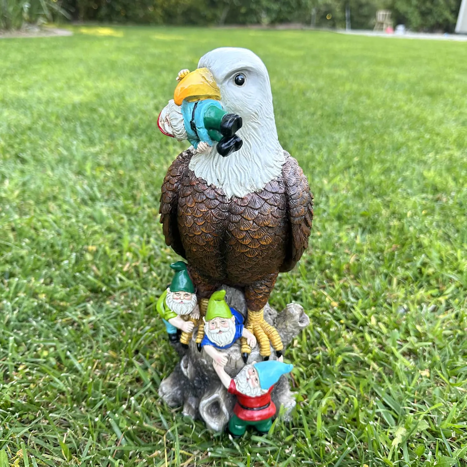 Eagle Garden Statue with Gnomes, Hand Painted, UV-Treated Resin, 5.5 x 12 Inches
