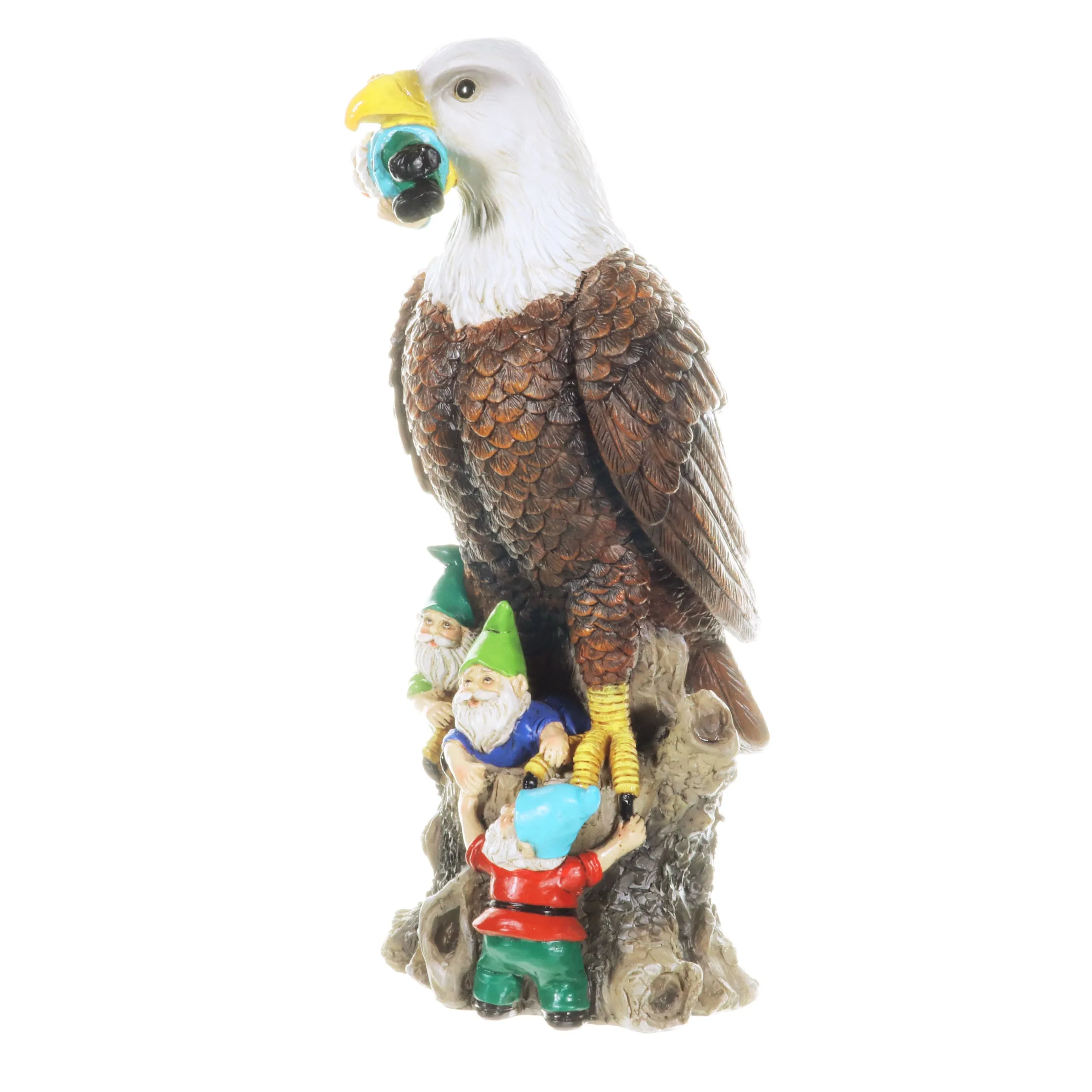 Eagle Garden Statue with Gnomes, Hand Painted, UV-Treated Resin, 5.5 x 12 Inches