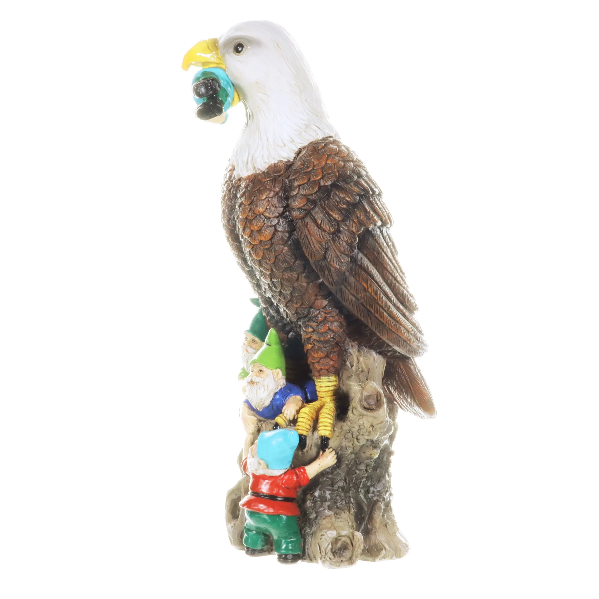 Eagle Garden Statue with Gnomes, Hand Painted, UV-Treated Resin, 5.5 x 12 Inches