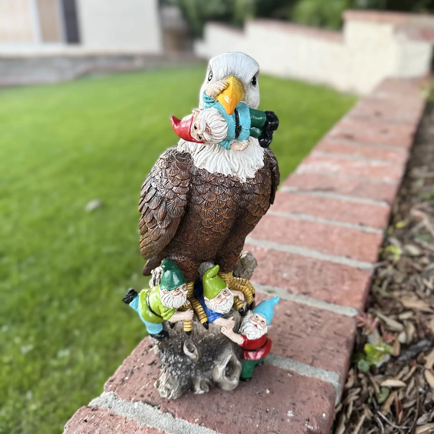 Eagle Garden Statue with Gnomes, Hand Painted, UV-Treated Resin, 5.5 x 12 Inches