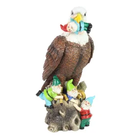 Eagle Garden Statue with Gnomes, Hand Painted, UV-Treated Resin, 5.5 x 12 Inches