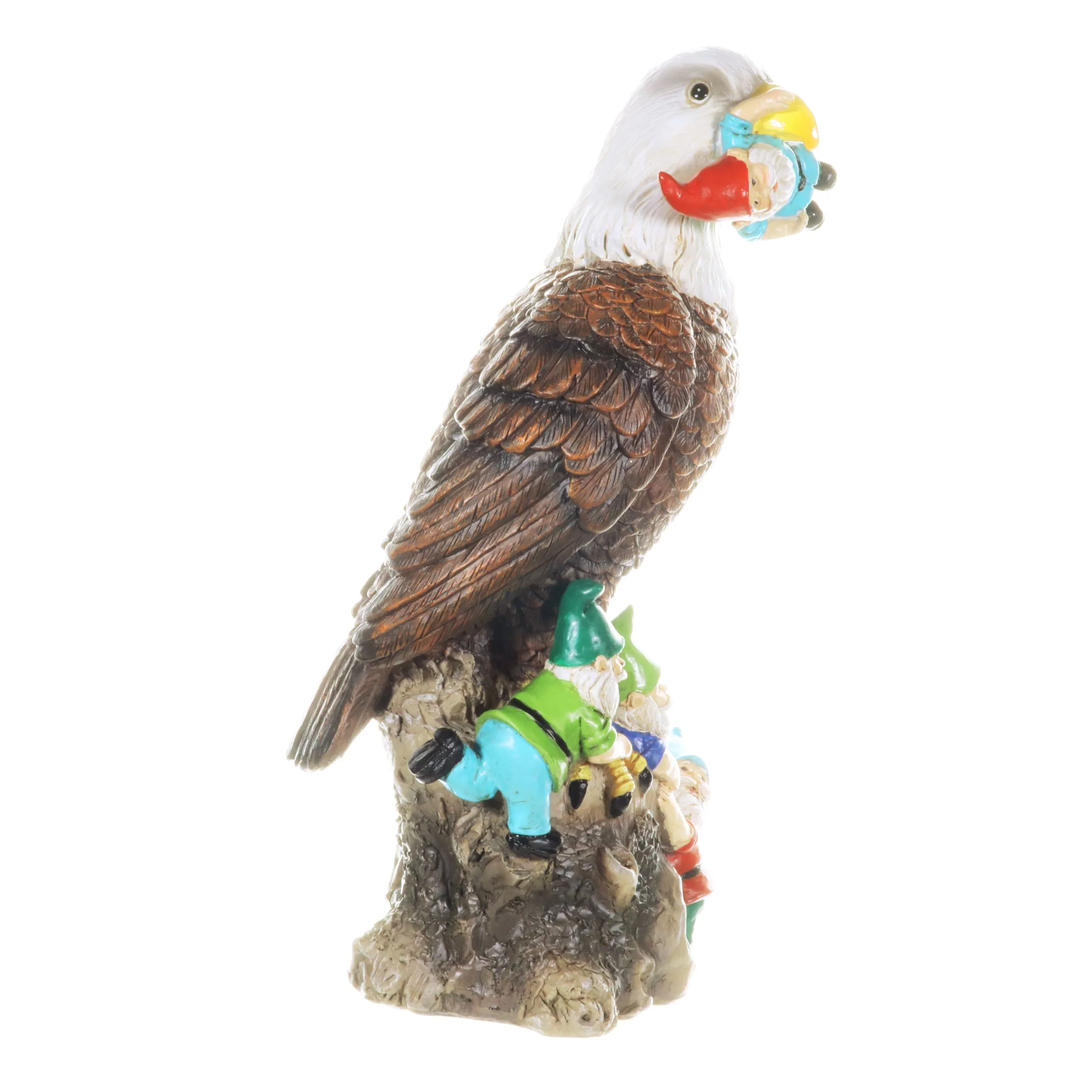 Eagle Garden Statue with Gnomes, Hand Painted, UV-Treated Resin, 5.5 x 12 Inches