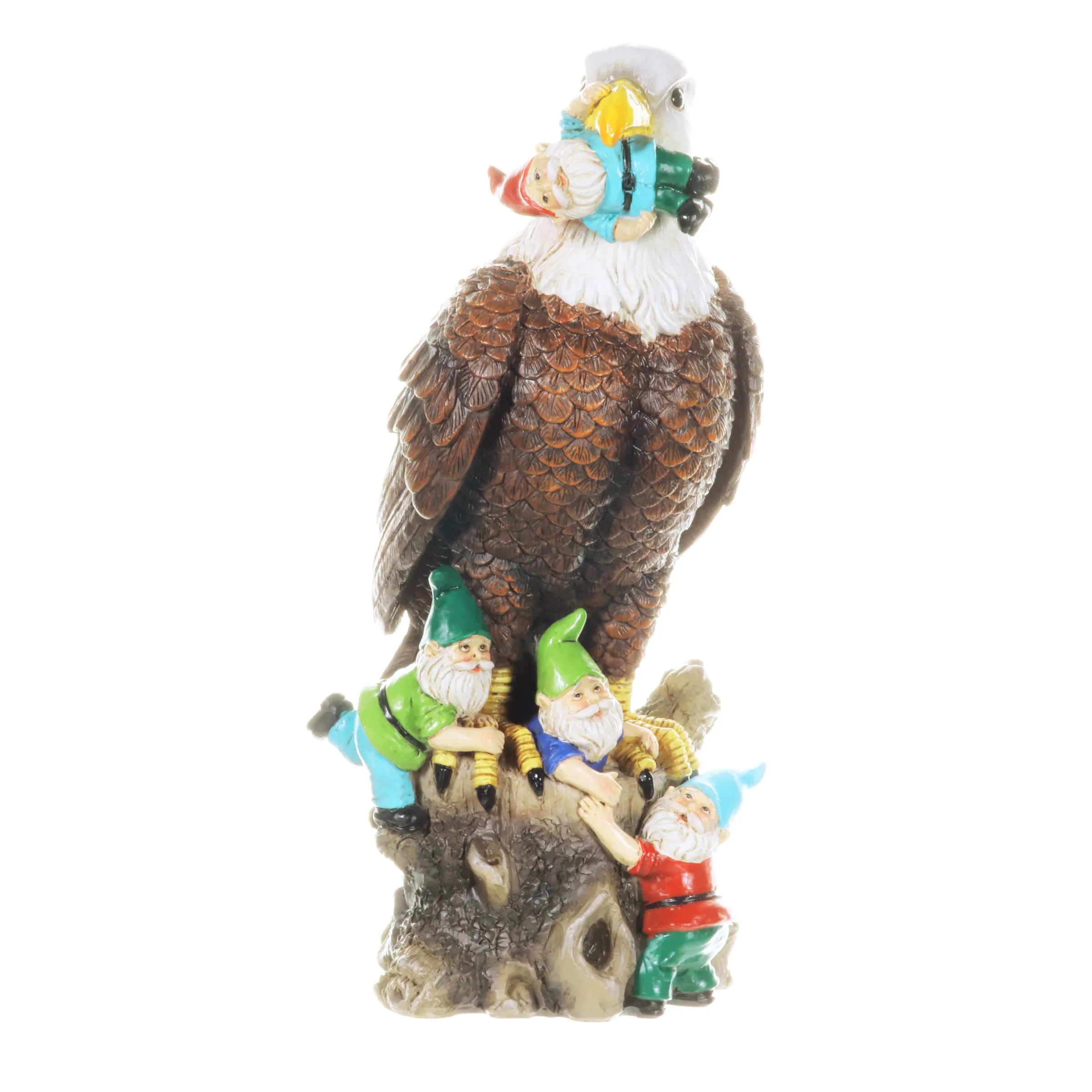 Eagle Garden Statue with Gnomes, Hand Painted, UV-Treated Resin, 5.5 x 12 Inches