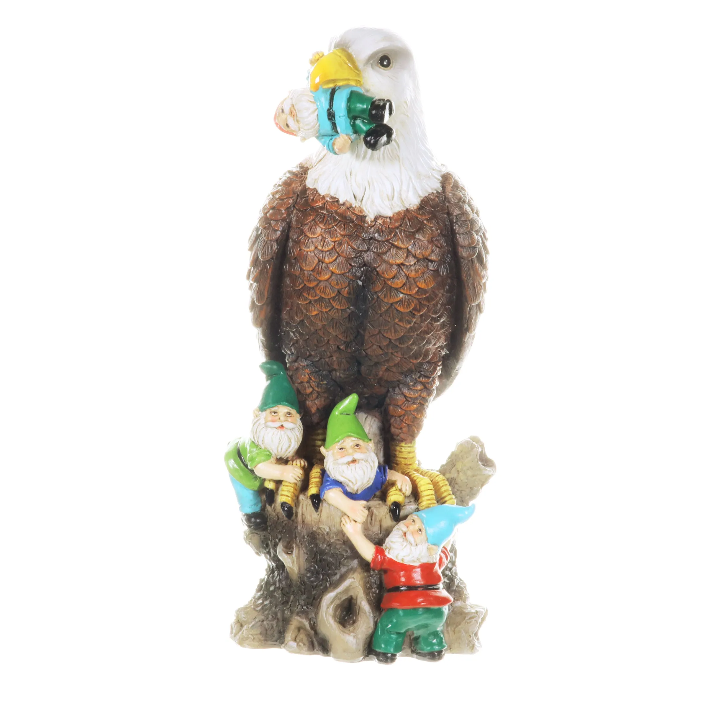 Eagle Garden Statue with Gnomes, Hand Painted, UV-Treated Resin, 5.5 x 12 Inches