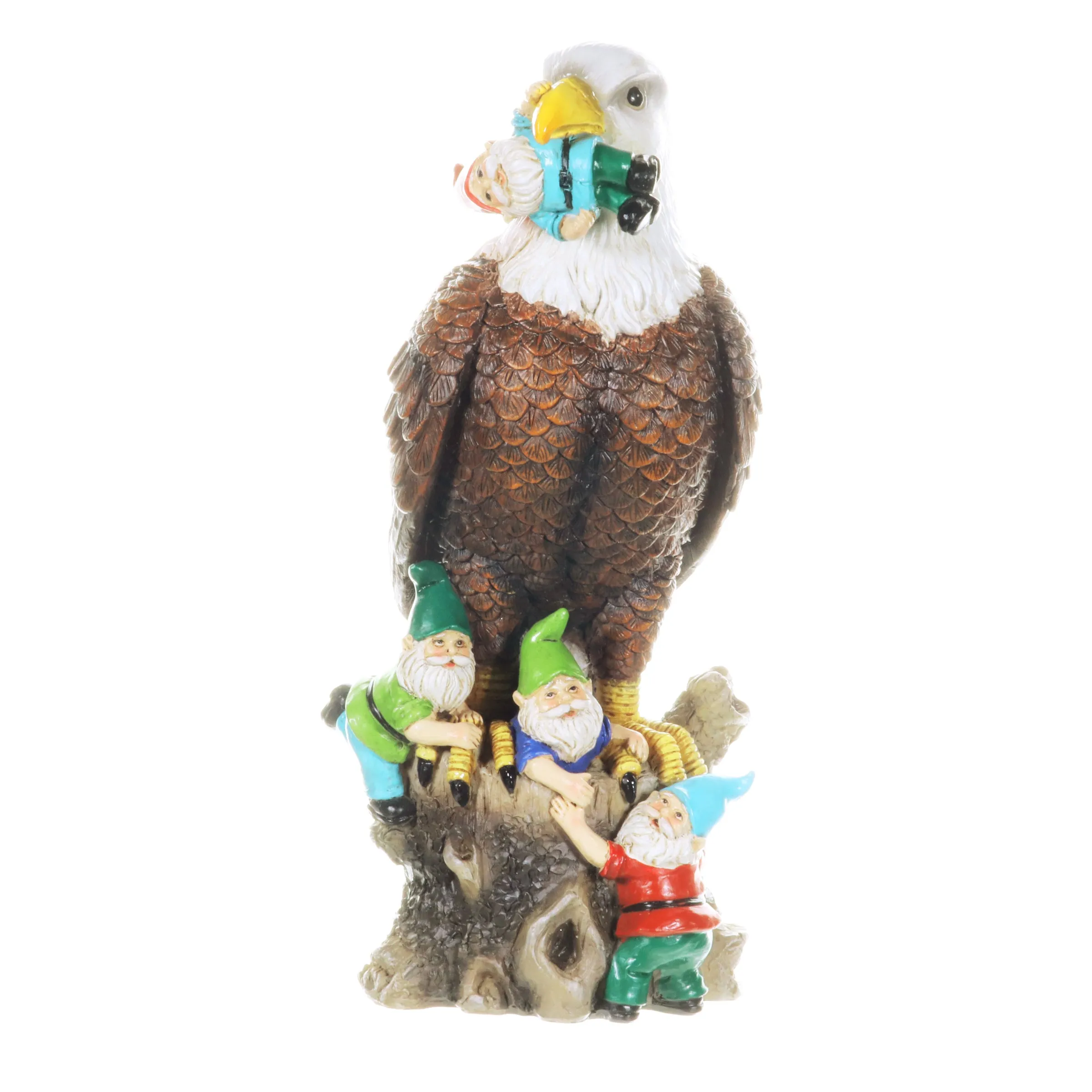 Eagle Garden Statue with Gnomes, Hand Painted, UV-Treated Resin, 5.5 x 12 Inches