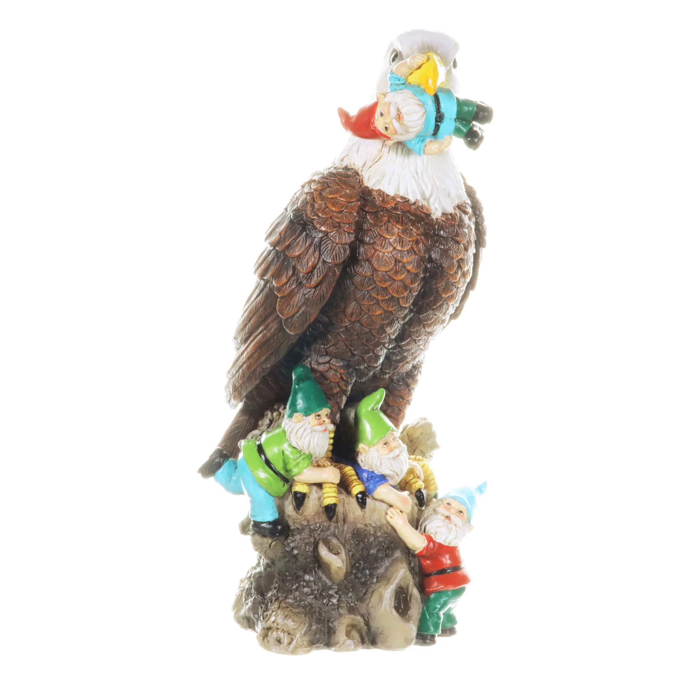 Eagle Garden Statue with Gnomes, Hand Painted, UV-Treated Resin, 5.5 x 12 Inches