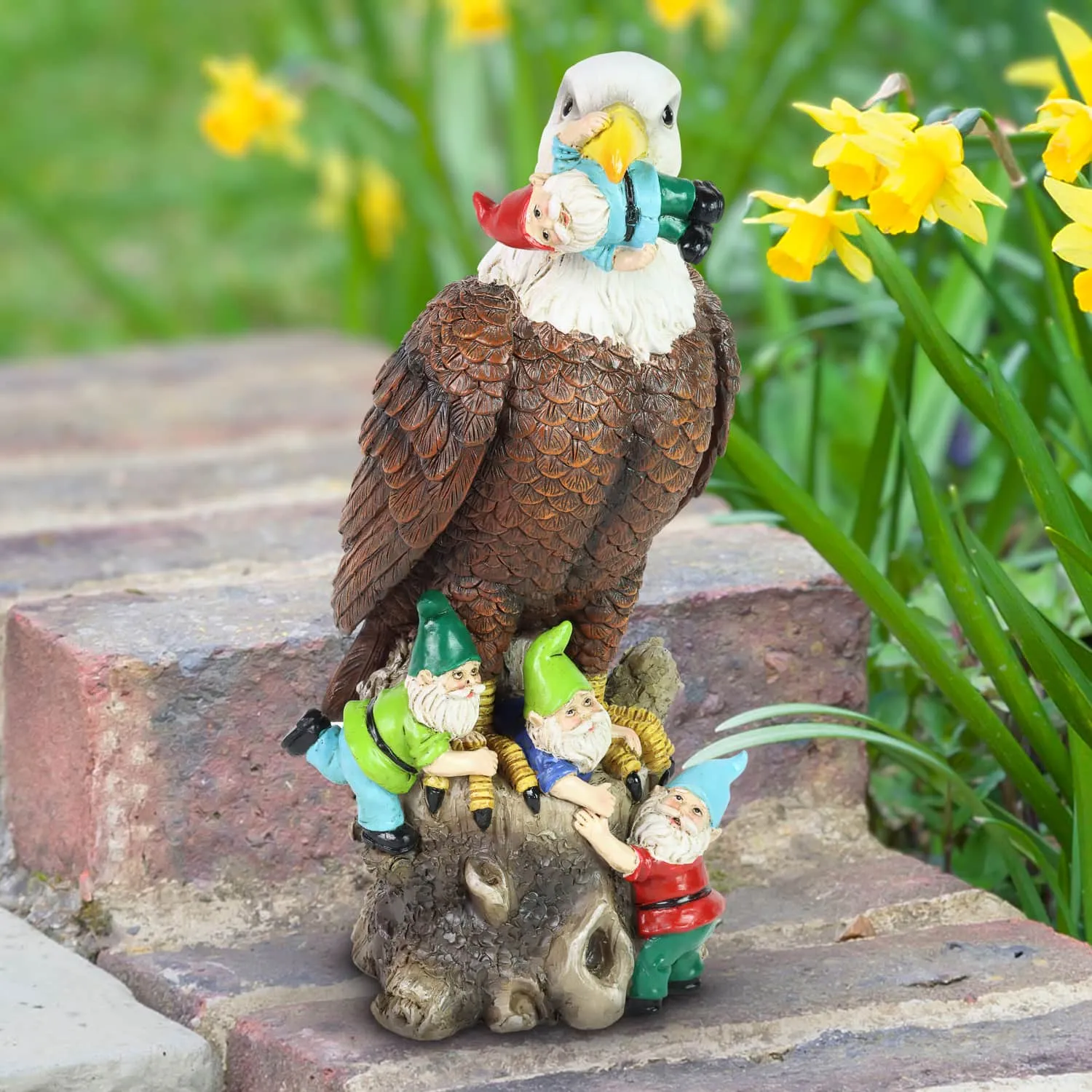 Eagle Garden Statue with Gnomes, Hand Painted, UV-Treated Resin, 5.5 x 12 Inches
