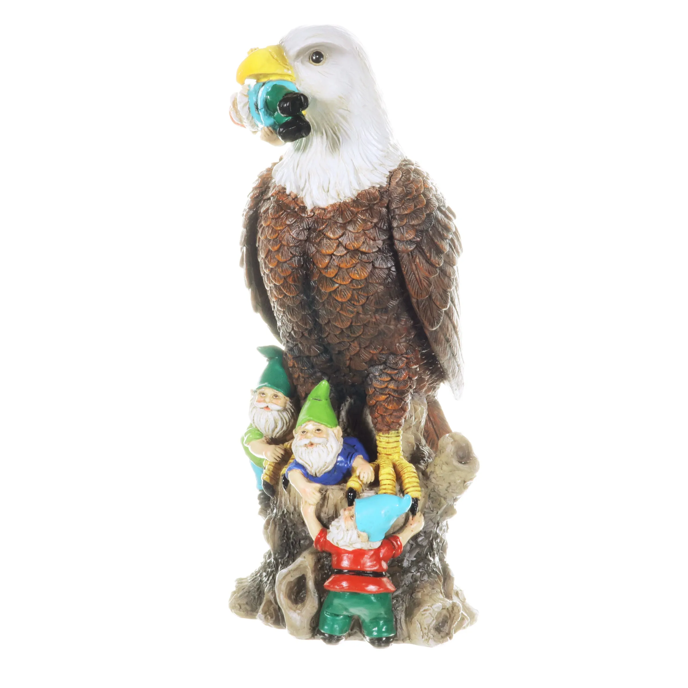Eagle Garden Statue with Gnomes, Hand Painted, UV-Treated Resin, 5.5 x 12 Inches