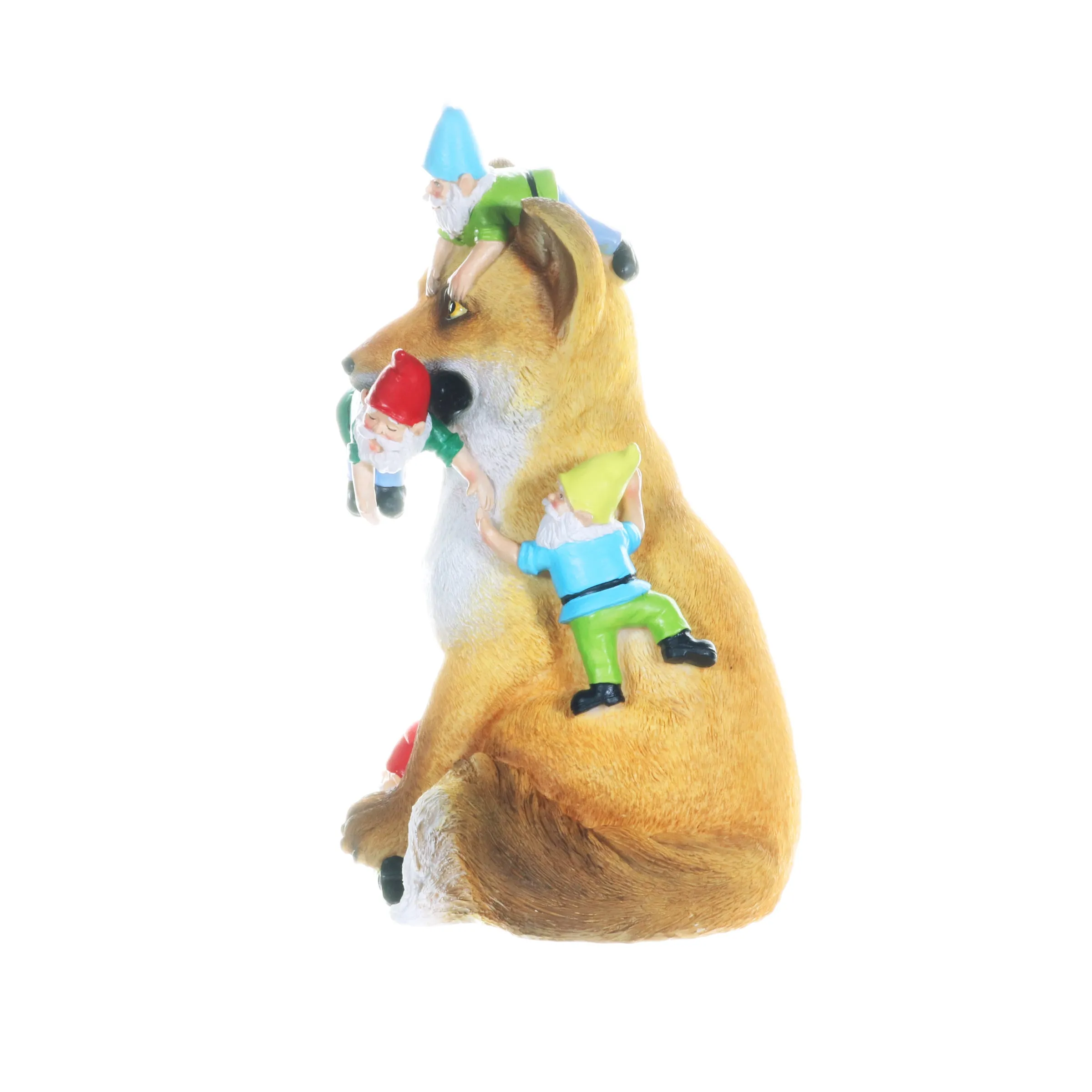 Fox Garden Statue with Gnomes, Hand Painted, UV-Treated Resin, 6.5 x 12 Inches