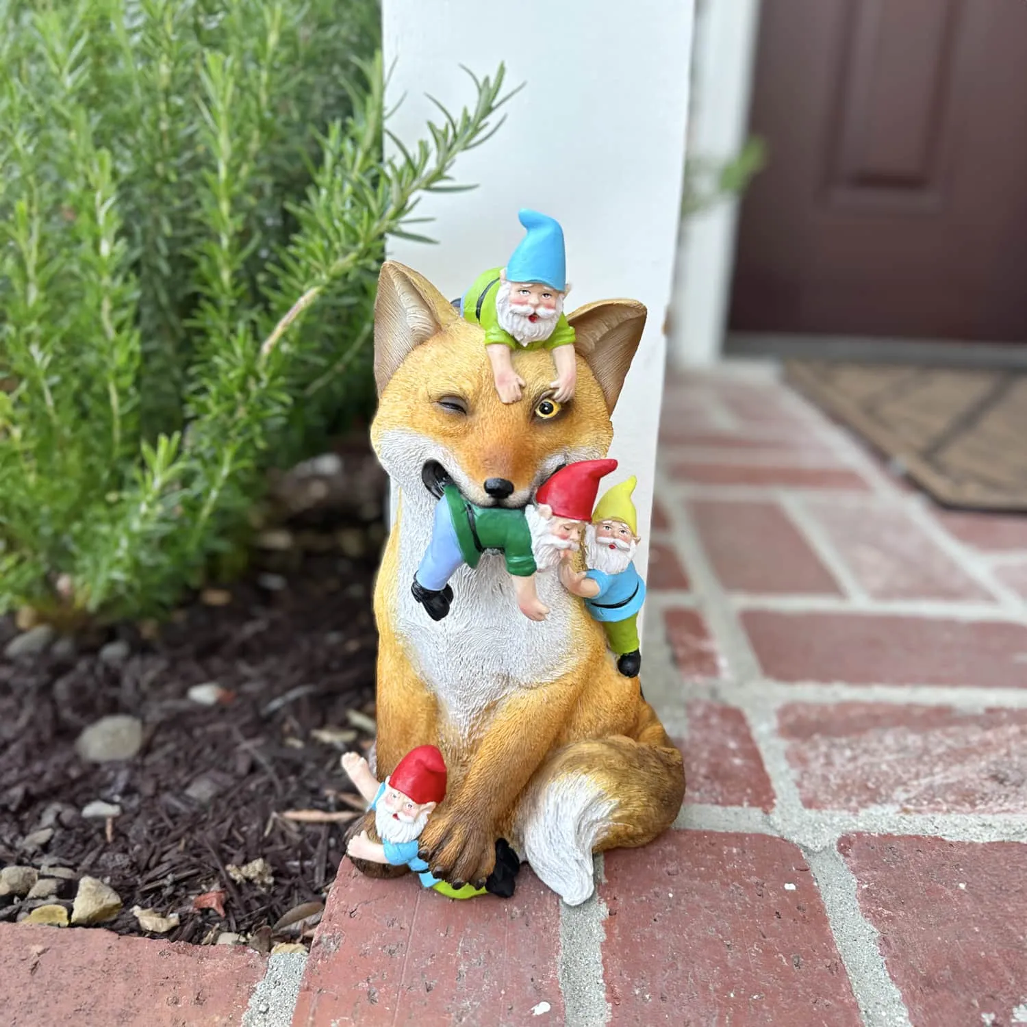 Fox Garden Statue with Gnomes, Hand Painted, UV-Treated Resin, 6.5 x 12 Inches