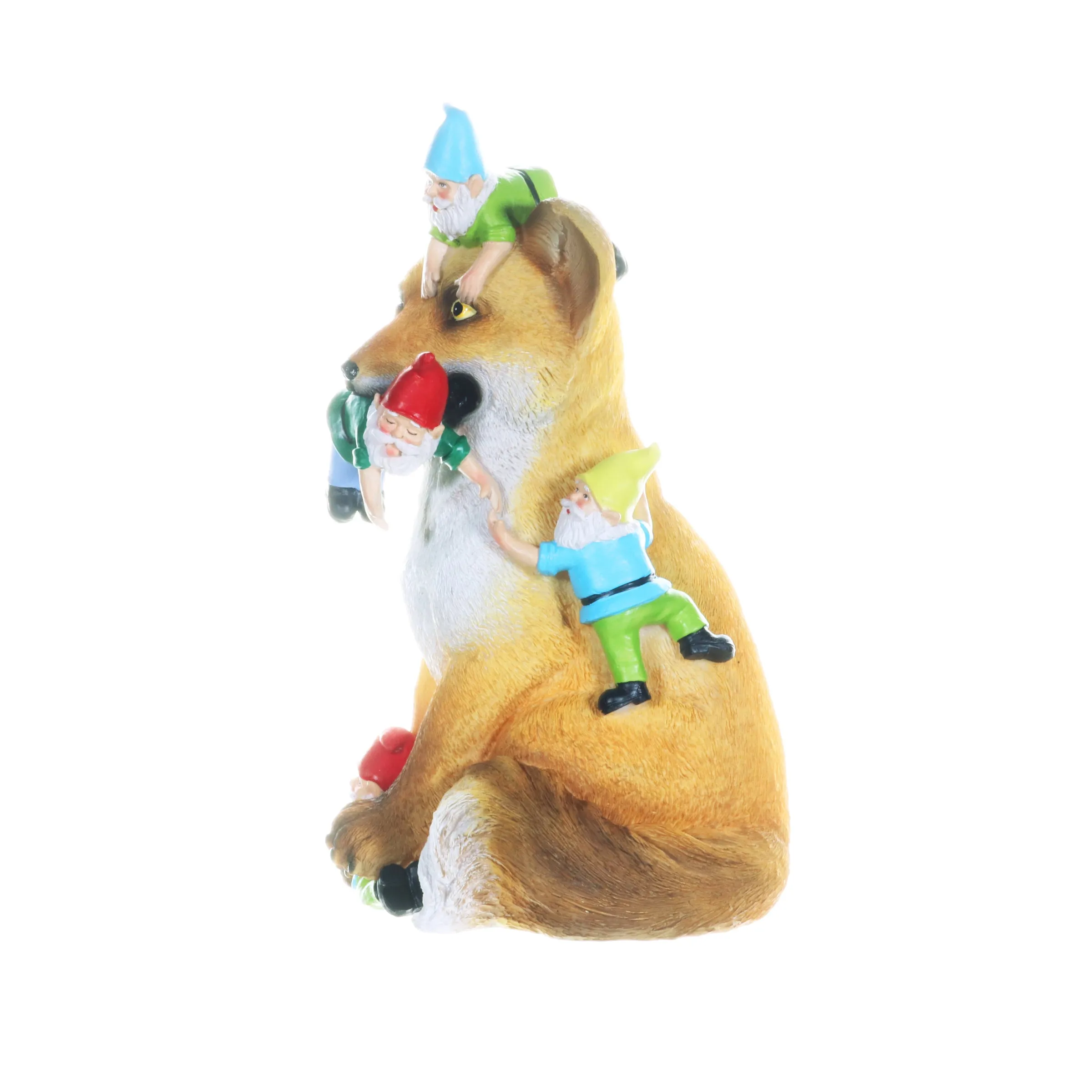 Fox Garden Statue with Gnomes, Hand Painted, UV-Treated Resin, 6.5 x 12 Inches