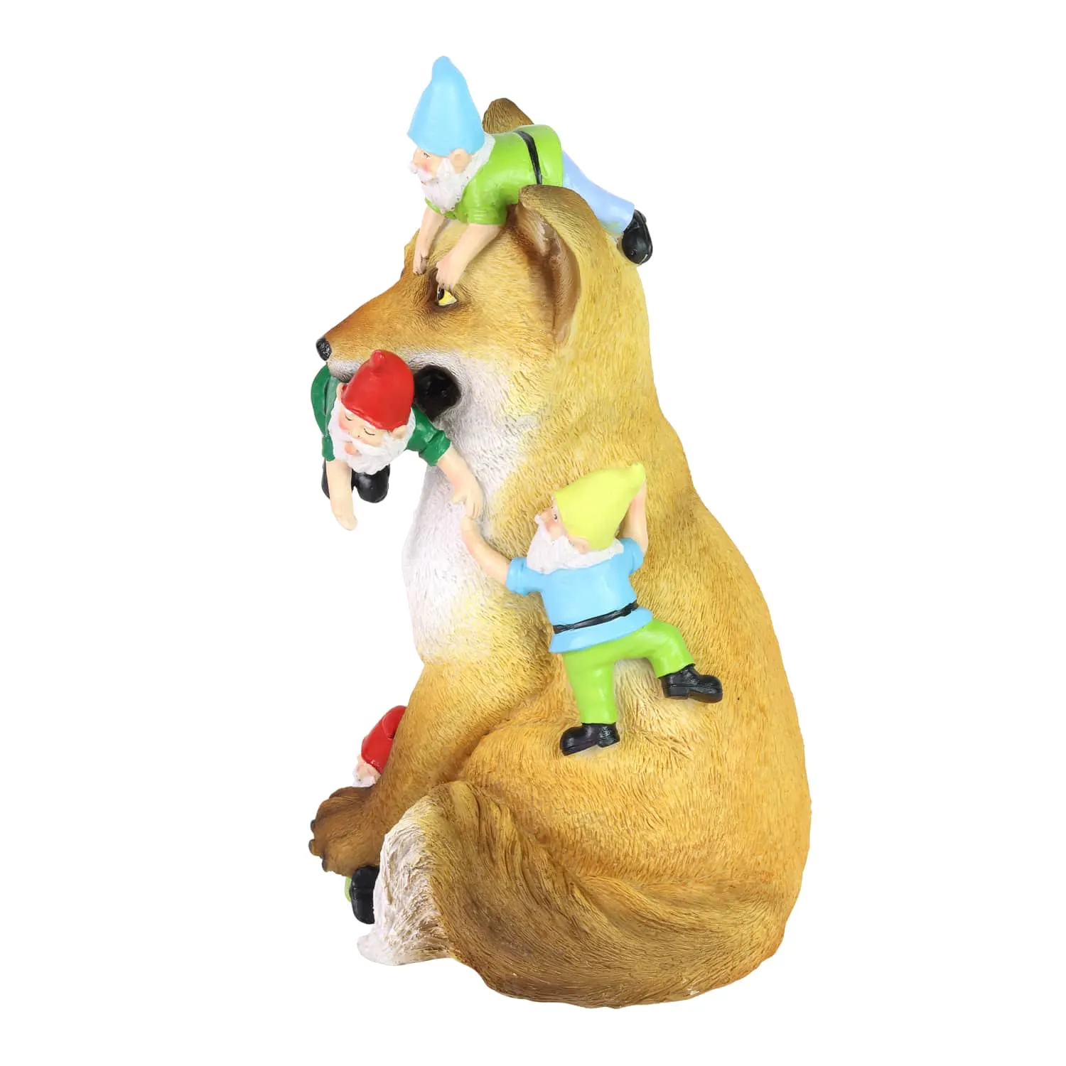 Fox Garden Statue with Gnomes, Hand Painted, UV-Treated Resin, 6.5 x 12 Inches