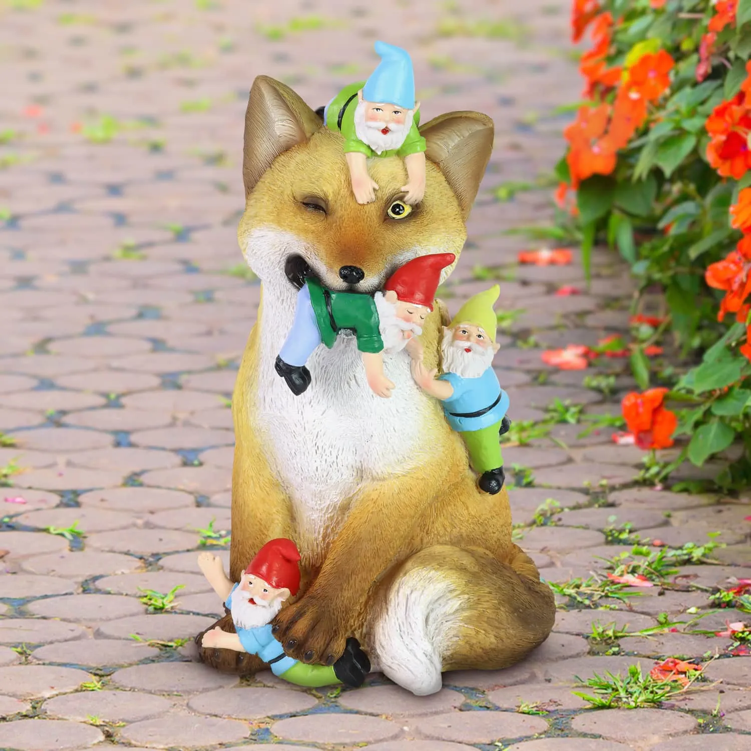 Fox Garden Statue with Gnomes, Hand Painted, UV-Treated Resin, 6.5 x 12 Inches