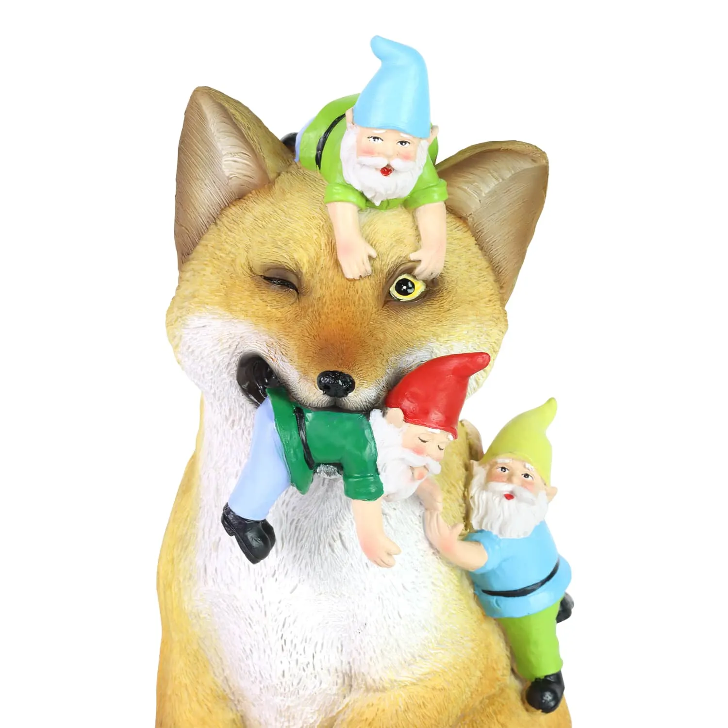 Fox Garden Statue with Gnomes, Hand Painted, UV-Treated Resin, 6.5 x 12 Inches