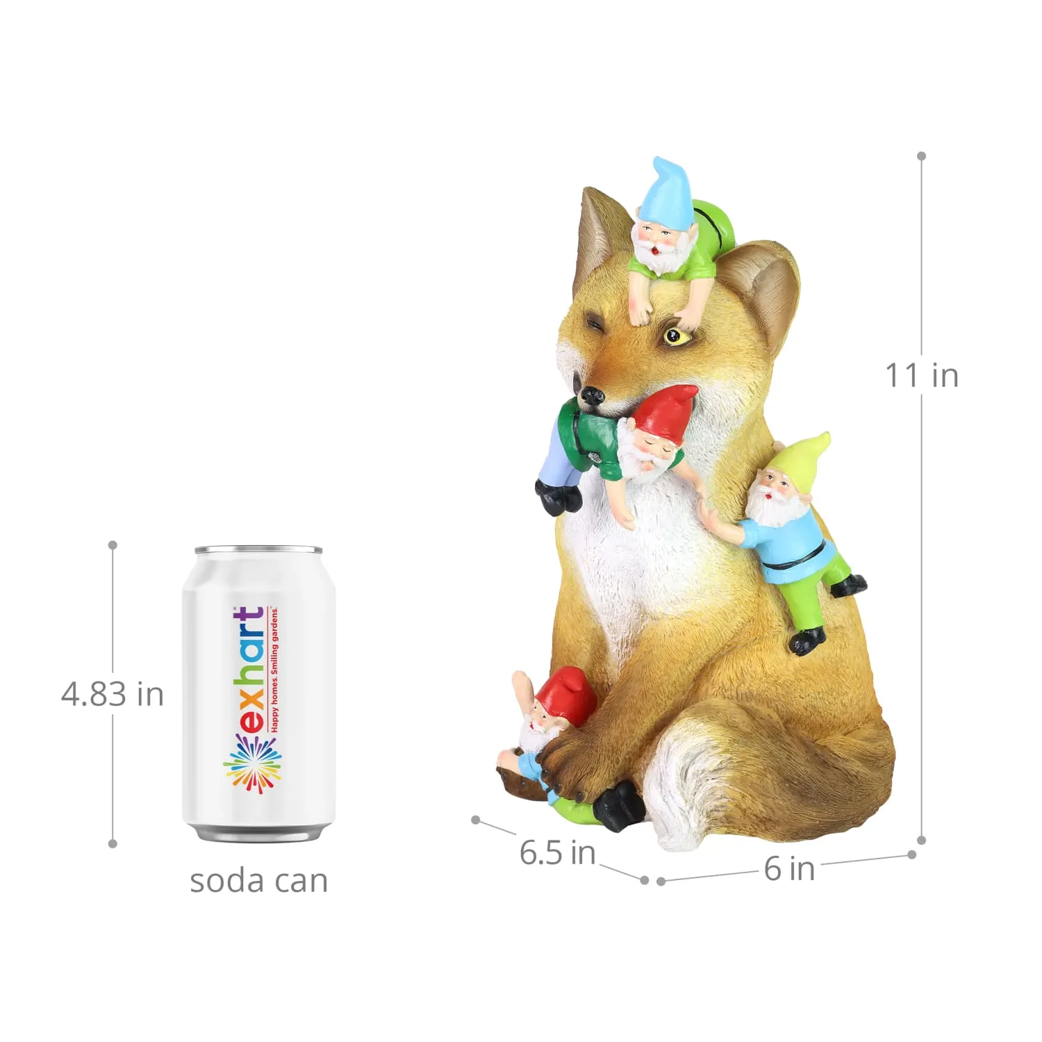 Fox Garden Statue with Gnomes, Hand Painted, UV-Treated Resin, 6.5 x 12 Inches