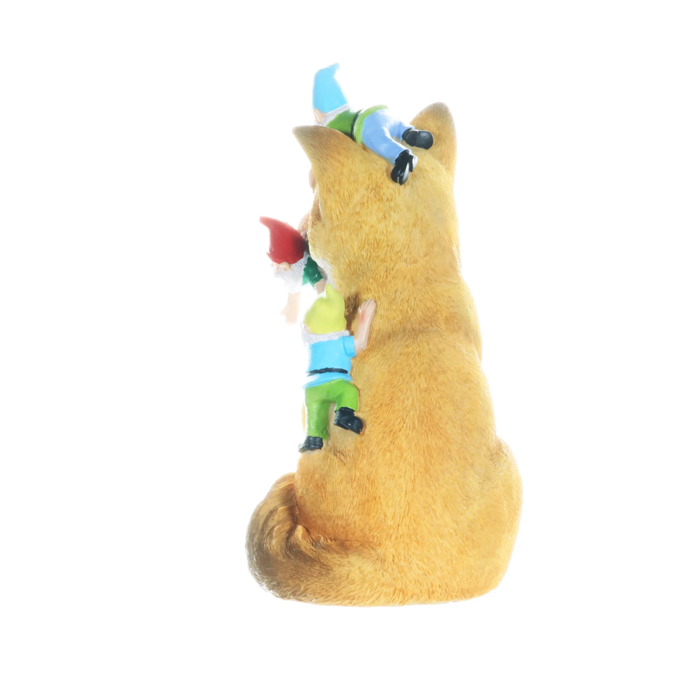 Fox Garden Statue with Gnomes, Hand Painted, UV-Treated Resin, 6.5 x 12 Inches