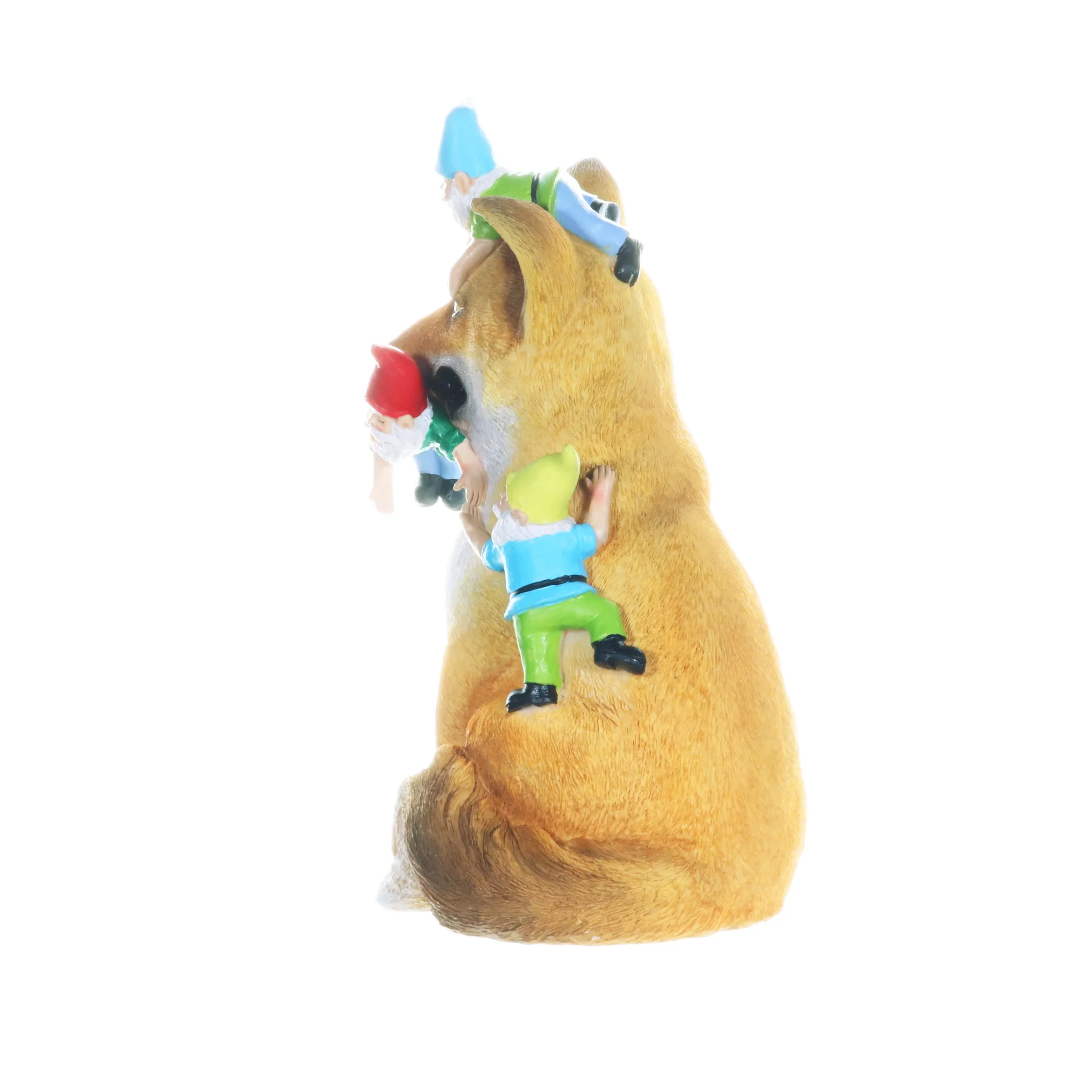 Fox Garden Statue with Gnomes, Hand Painted, UV-Treated Resin, 6.5 x 12 Inches