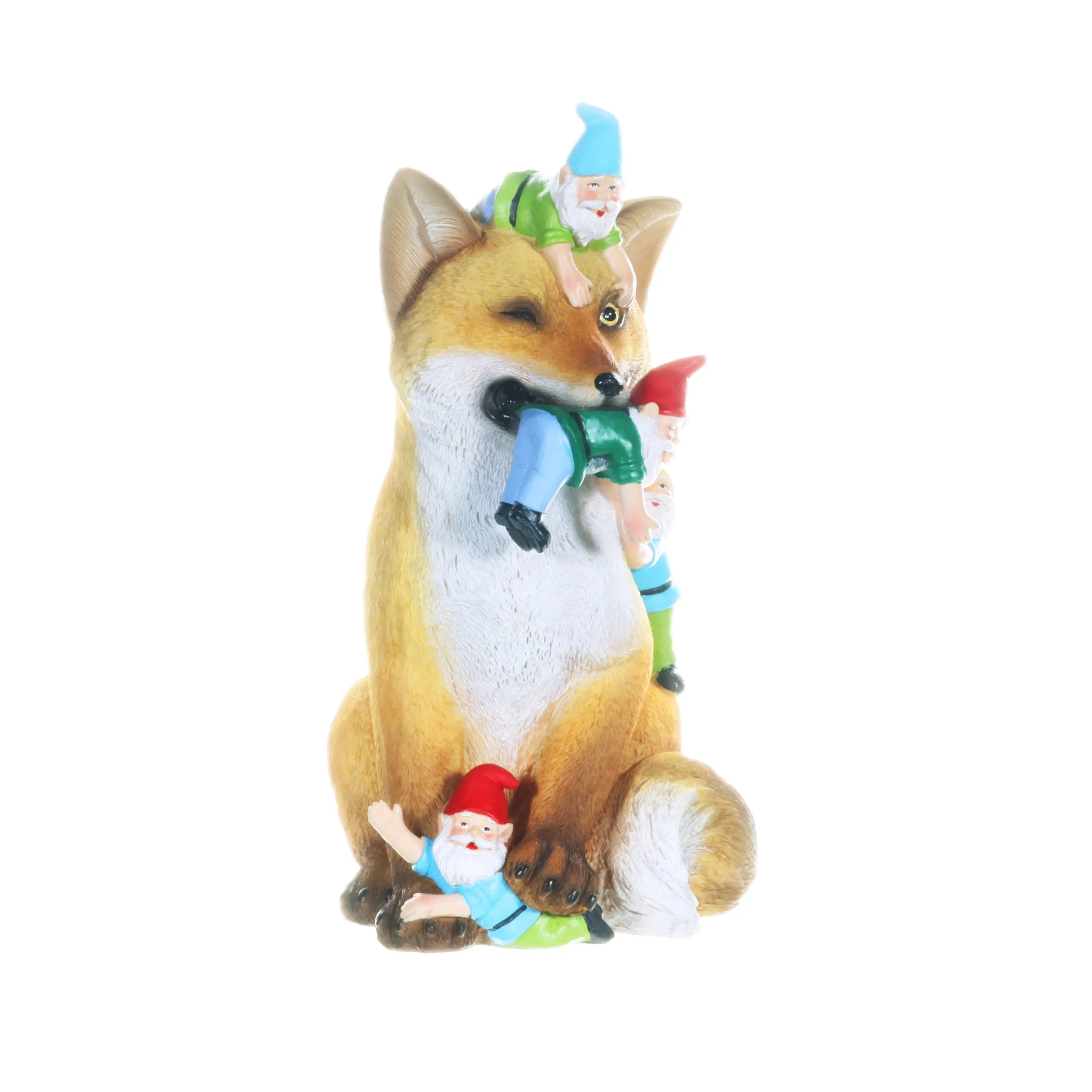 Fox Garden Statue with Gnomes, Hand Painted, UV-Treated Resin, 6.5 x 12 Inches