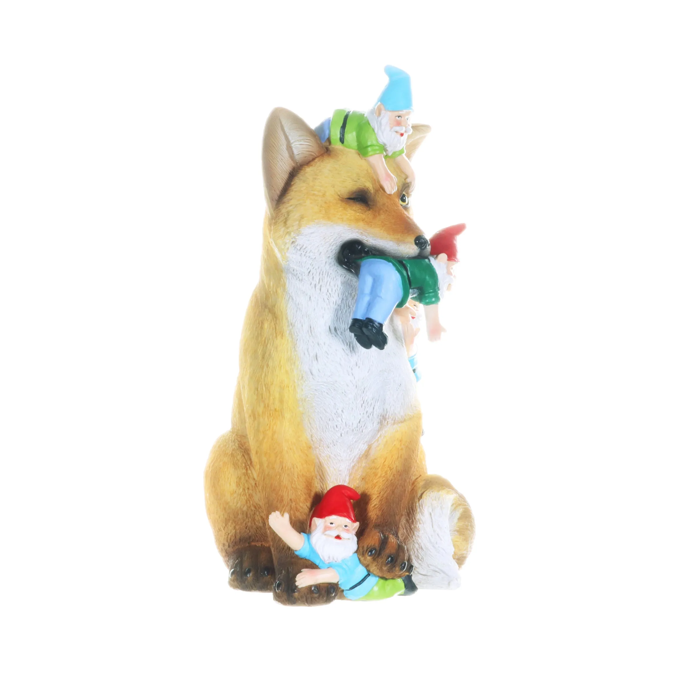 Fox Garden Statue with Gnomes, Hand Painted, UV-Treated Resin, 6.5 x 12 Inches