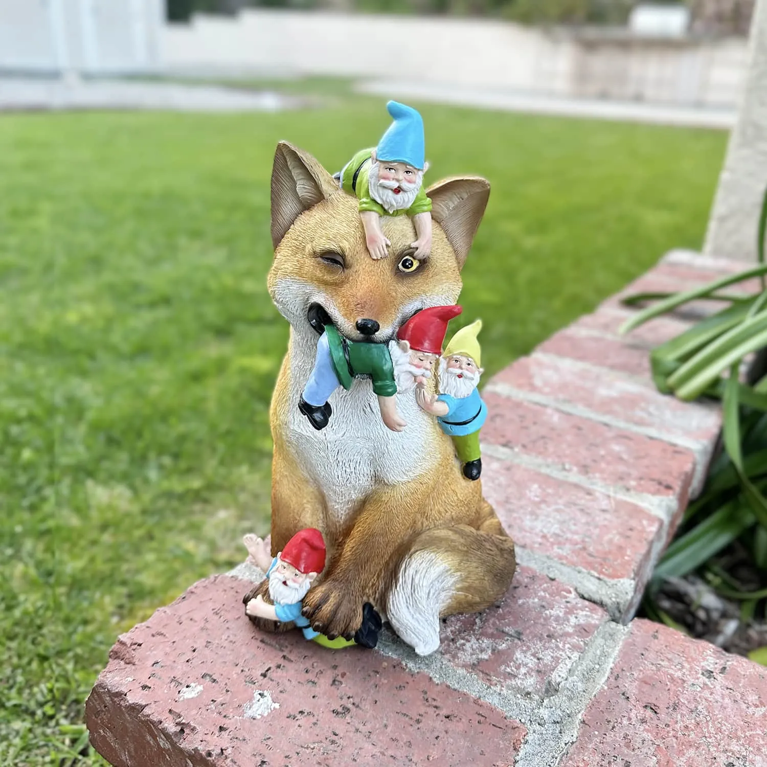 Fox Garden Statue with Gnomes, Hand Painted, UV-Treated Resin, 6.5 x 12 Inches