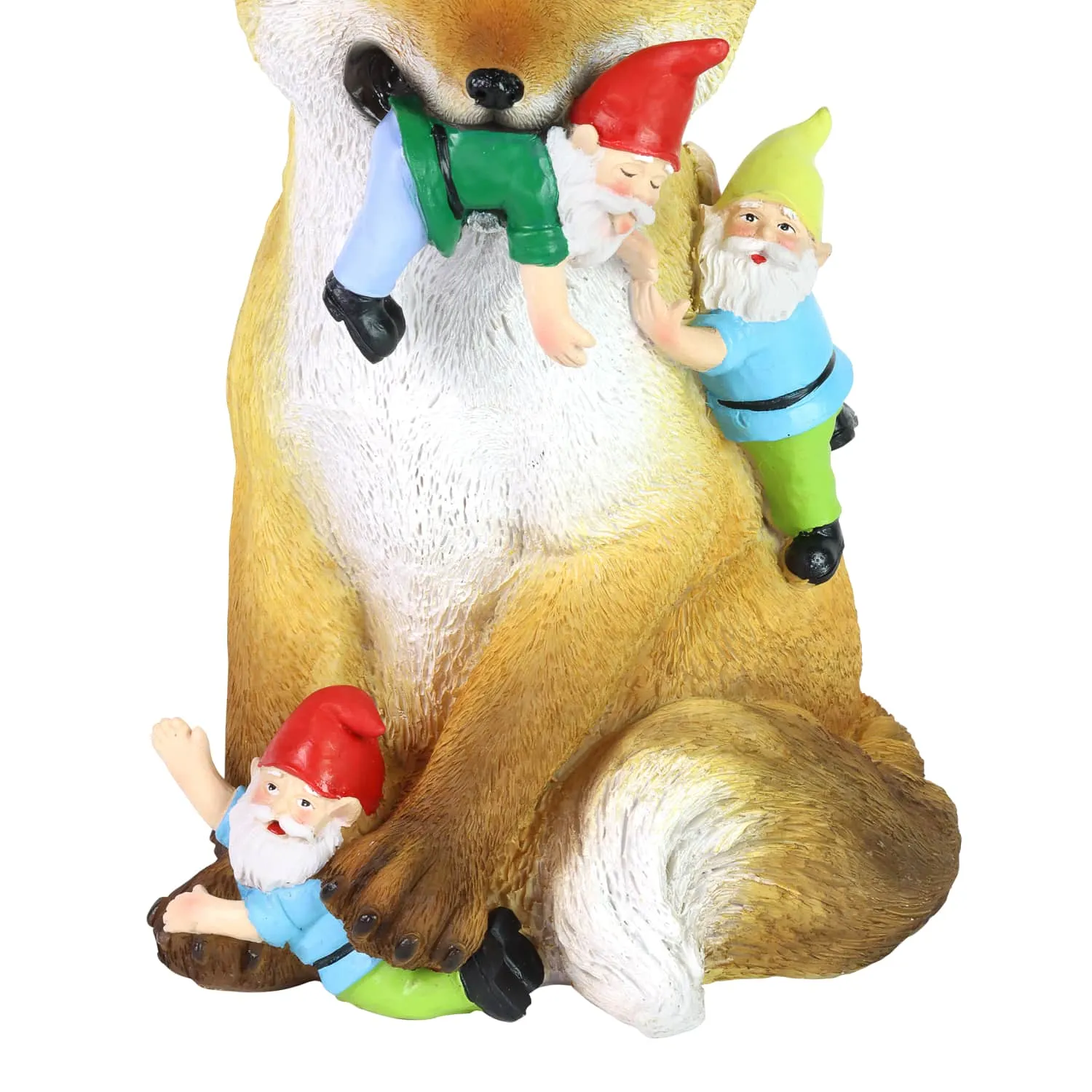 Fox Garden Statue with Gnomes, Hand Painted, UV-Treated Resin, 6.5 x 12 Inches