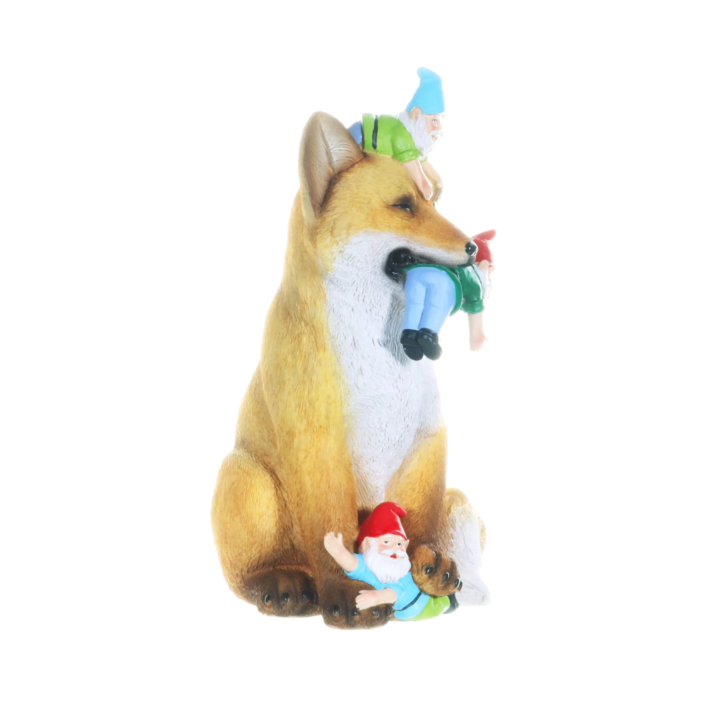 Fox Garden Statue with Gnomes, Hand Painted, UV-Treated Resin, 6.5 x 12 Inches